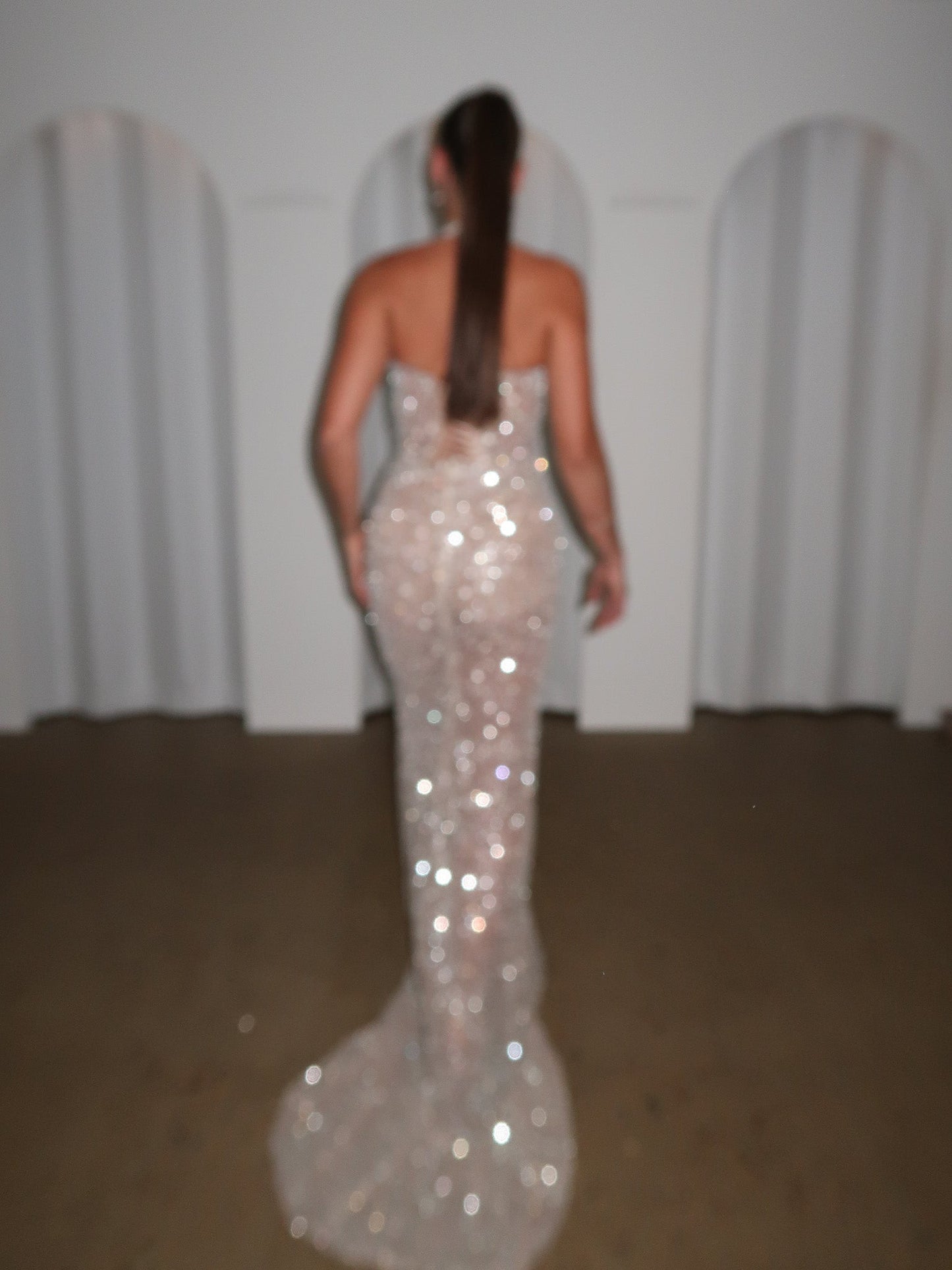 Nude Illusion Silver Sequin Halter Mermaid Gown with Plunge Neck & Sweeping Train