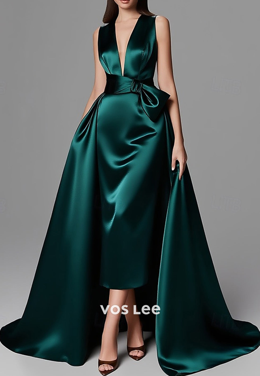 Classic & Timeless V Neck Bowknot Sheath Evening Dresses with Sweep Train