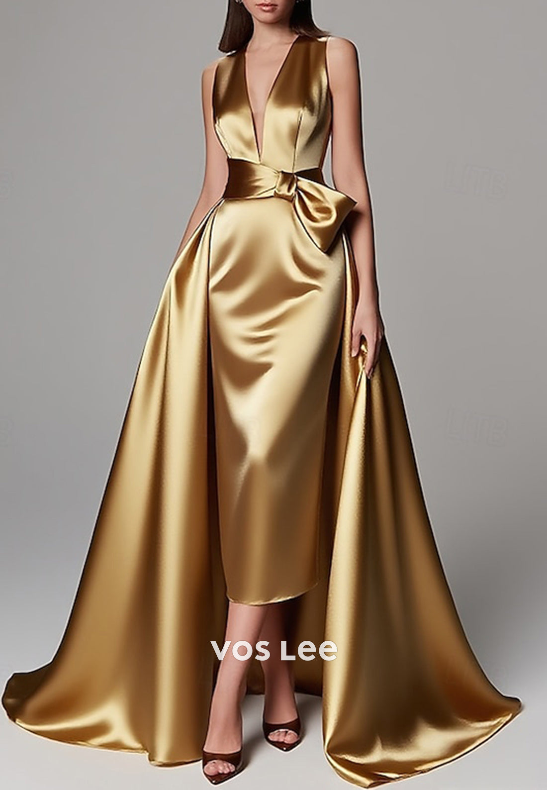 Classic & Timeless V Neck Bowknot Sheath Evening Dresses with Sweep Train