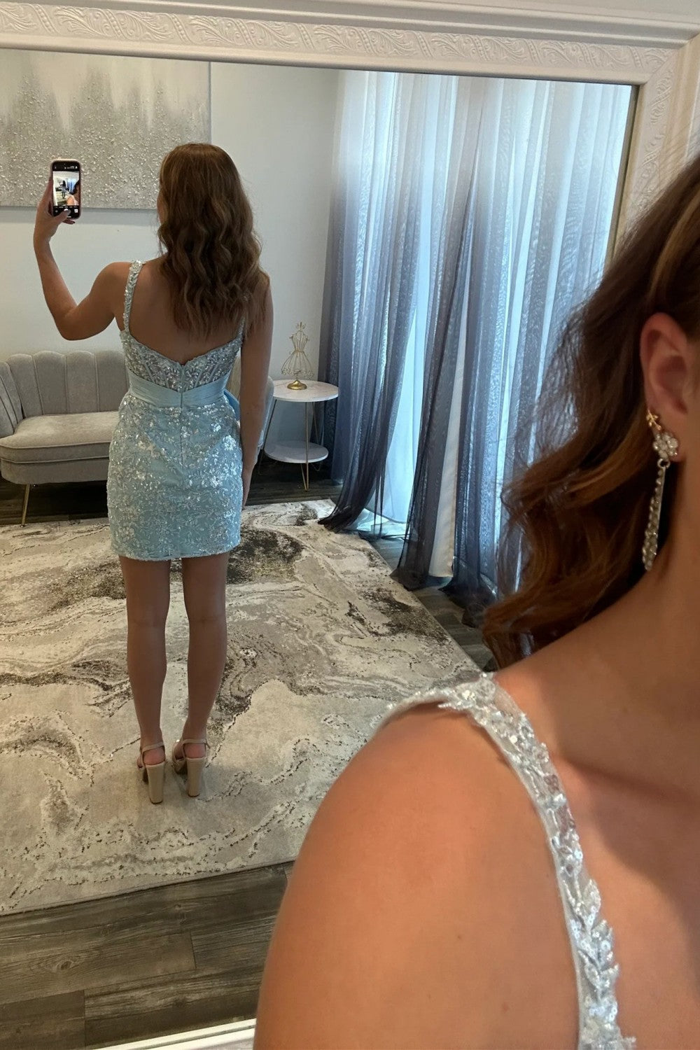 Cute Bodycon Sweetheart Blue Lace Short Homecoming Dress with Bowknot