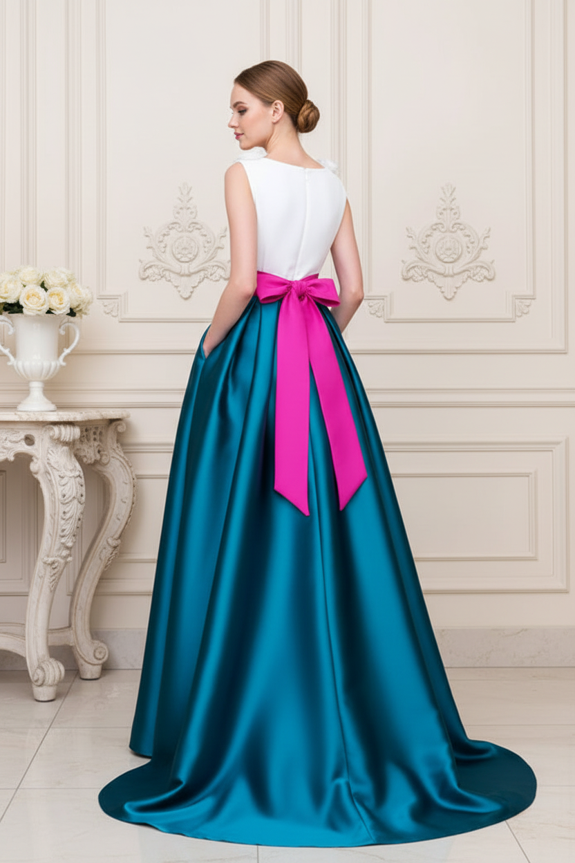A-Line Gown with 3D Floral Neckline and Bow Sash
