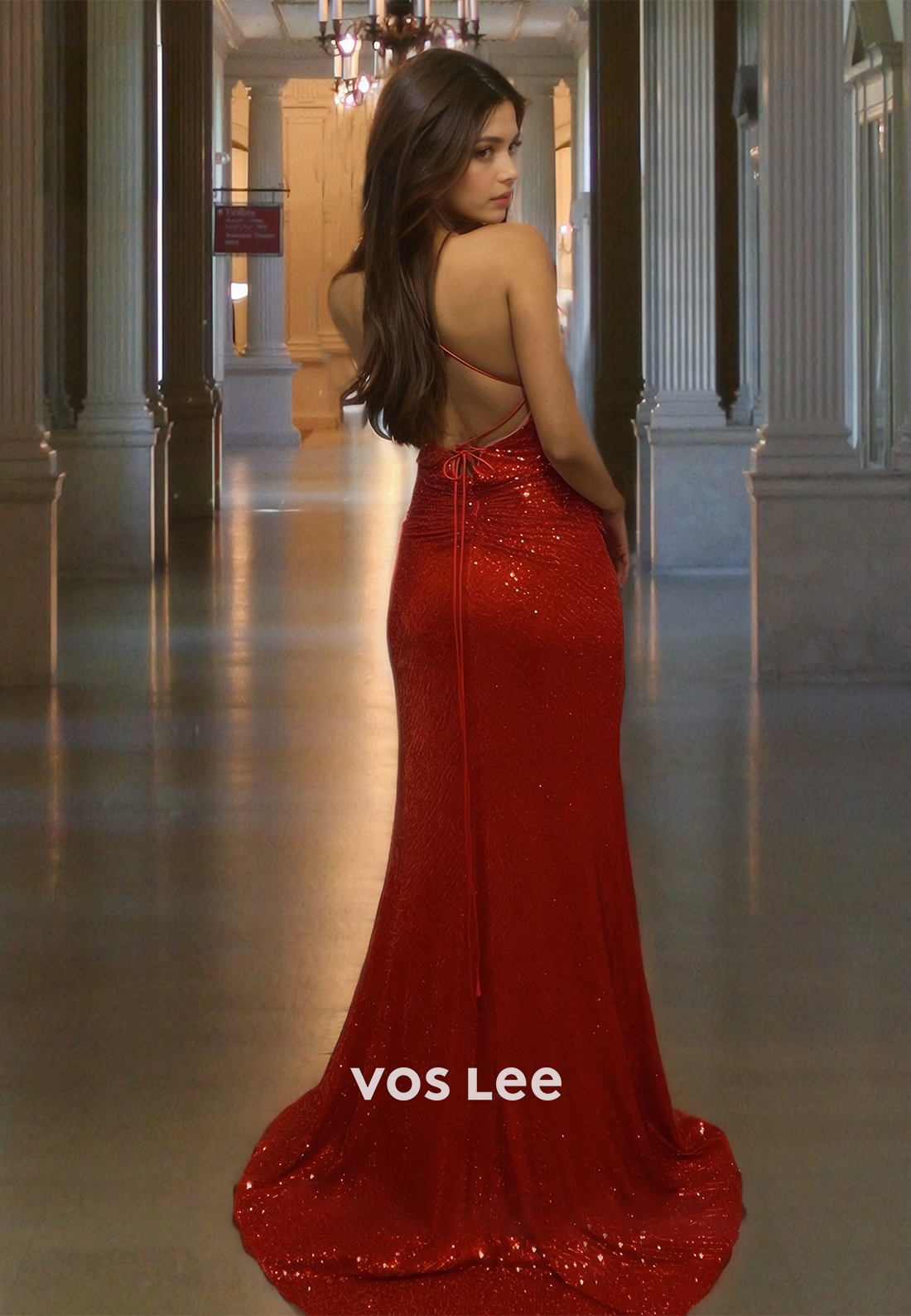 Sparkly V Neck Lace Up Mermaid Prom Dress Straps Red Sexy Sequins Cocktail Dresses with Slit