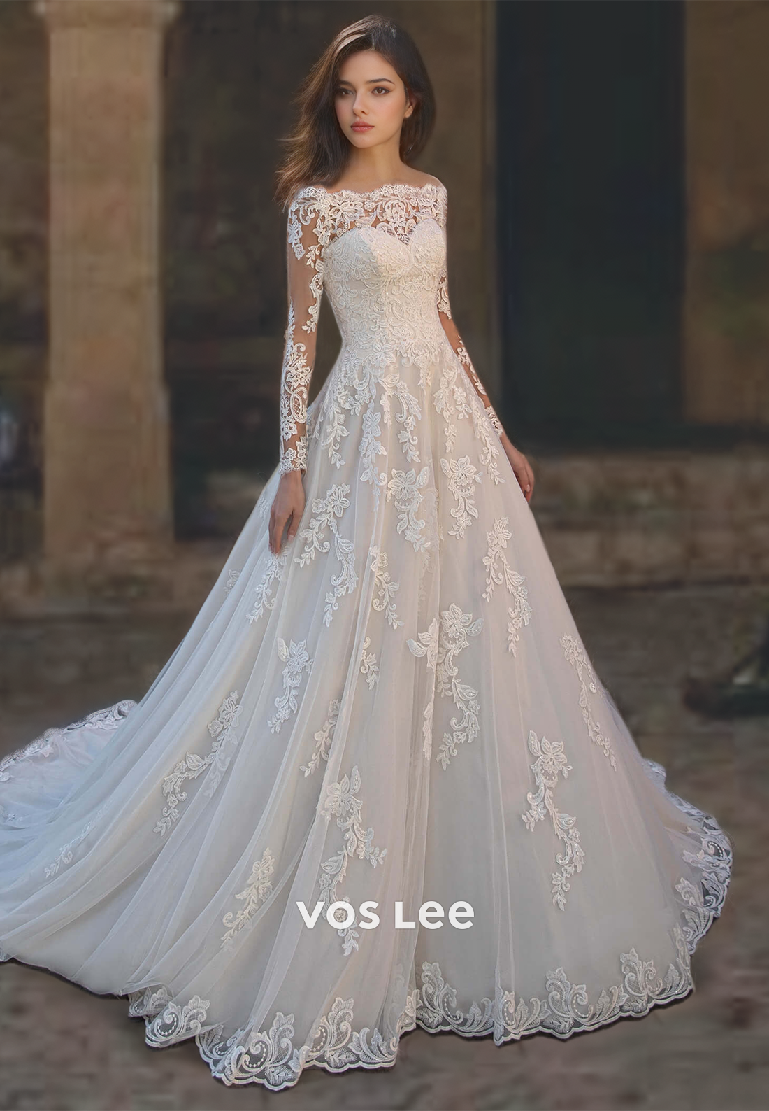 Boat Neck Lace A-Line Wedding Dress with Long Sleeves Button Back Swee VOS LEE Boat Neck Lace A-Line Wedding Dress with Long Sleeves Button Back Swee VOS LEE