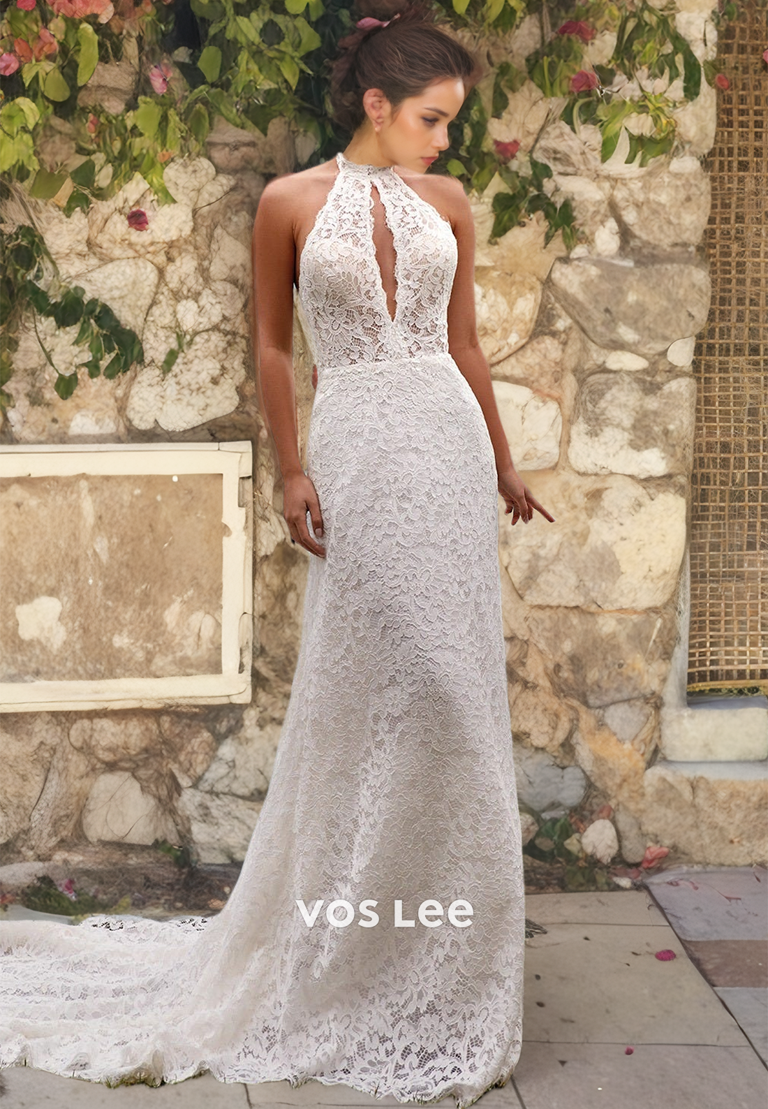 Classy Halter Lace Formal Wedding Gown Mermaid Sleeveless Backless Bri VOS LEE Classy Halter Lace Formal Wedding Gown Mermaid Sleeveless Backless Bri VOS LEE