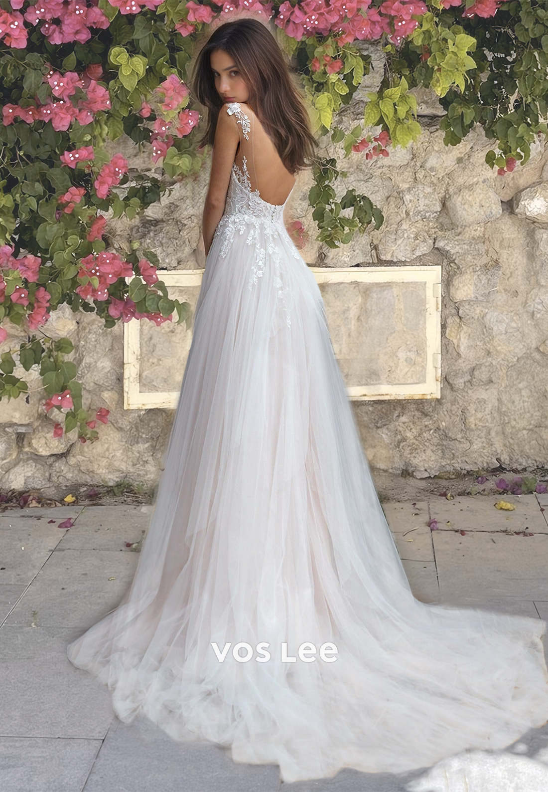 A-Line Spaghetti Straps Appliqued Wedding Dress Tulle Floor Length Sweep Train Bride Gown