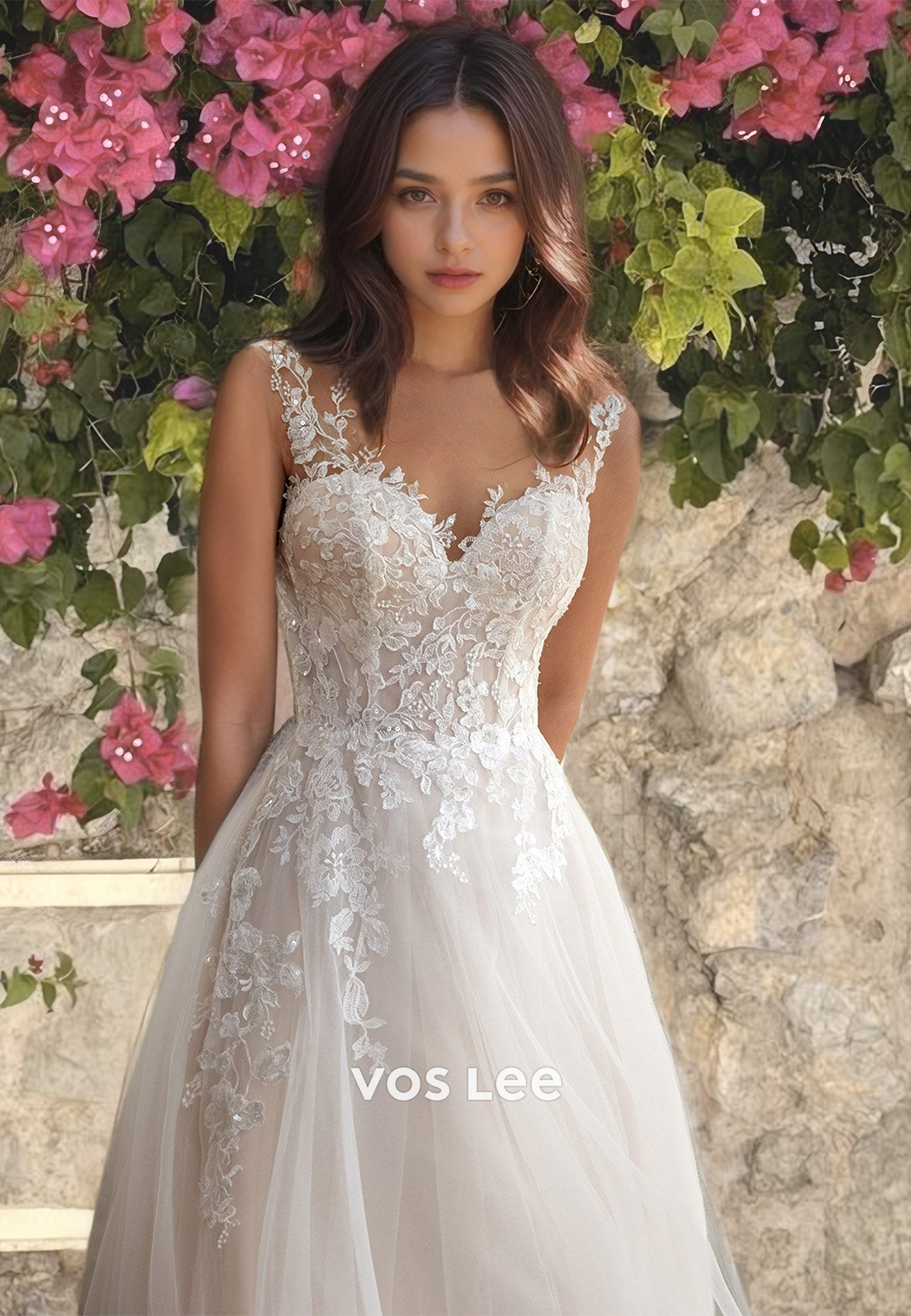 A-Line Spaghetti Straps Appliqued Wedding Dress Tulle Floor Length Sweep Train Bride Gown