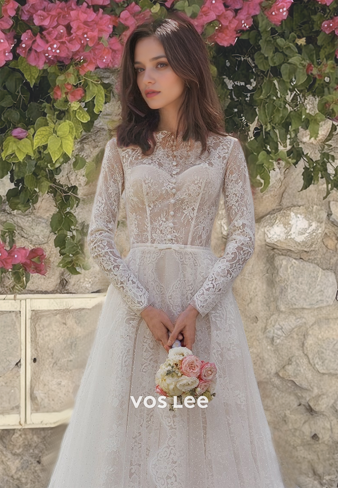 Vintage A-Line Lace Full Sleeves Wedding Dress Floor Length O Neck Sweep Train Bridal Dresses