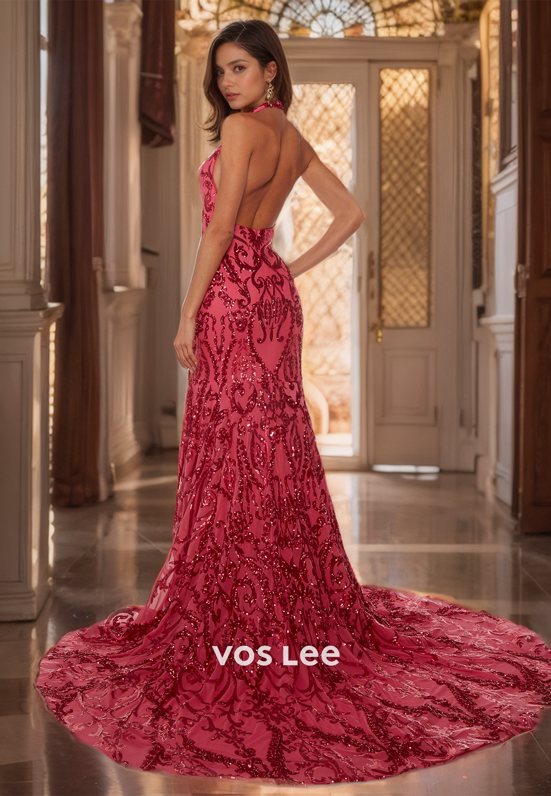 Flamingo Halter Lace Mermaid Prom Dress Backless Floor Length Sweep Train Cocktail Dress