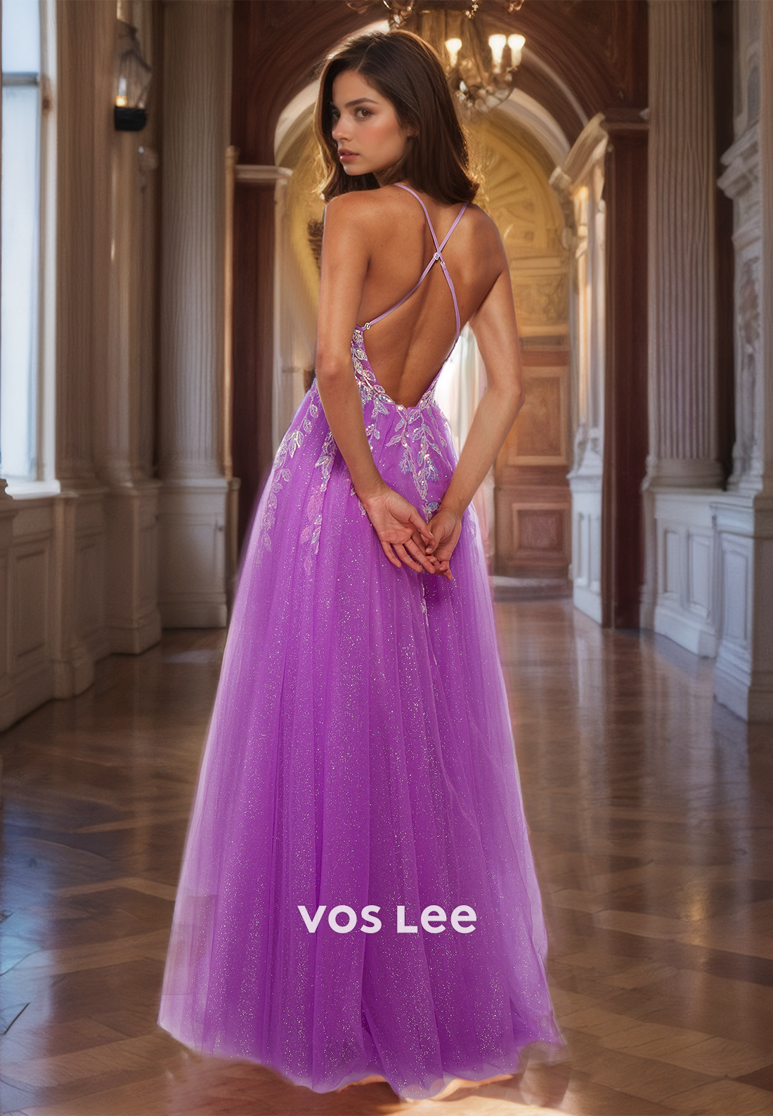 Sparkly V Neck Purple Appliqued Prom Gown with High Slit Spaghetti Straps Backless Glitter A-Line Quinceanera Dress