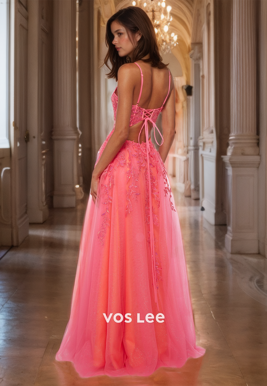 Luxurious V Neck Flamingo A-Line Prom Dress Floor Length Straps Appliqued Quinceanera Dresses