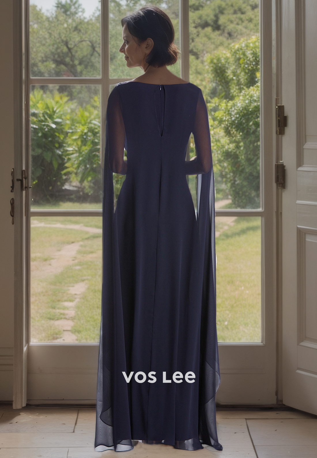 V Neck Neptune Straps Chiffon Floor Length Elegant Mother of the Bride with Zipper Back