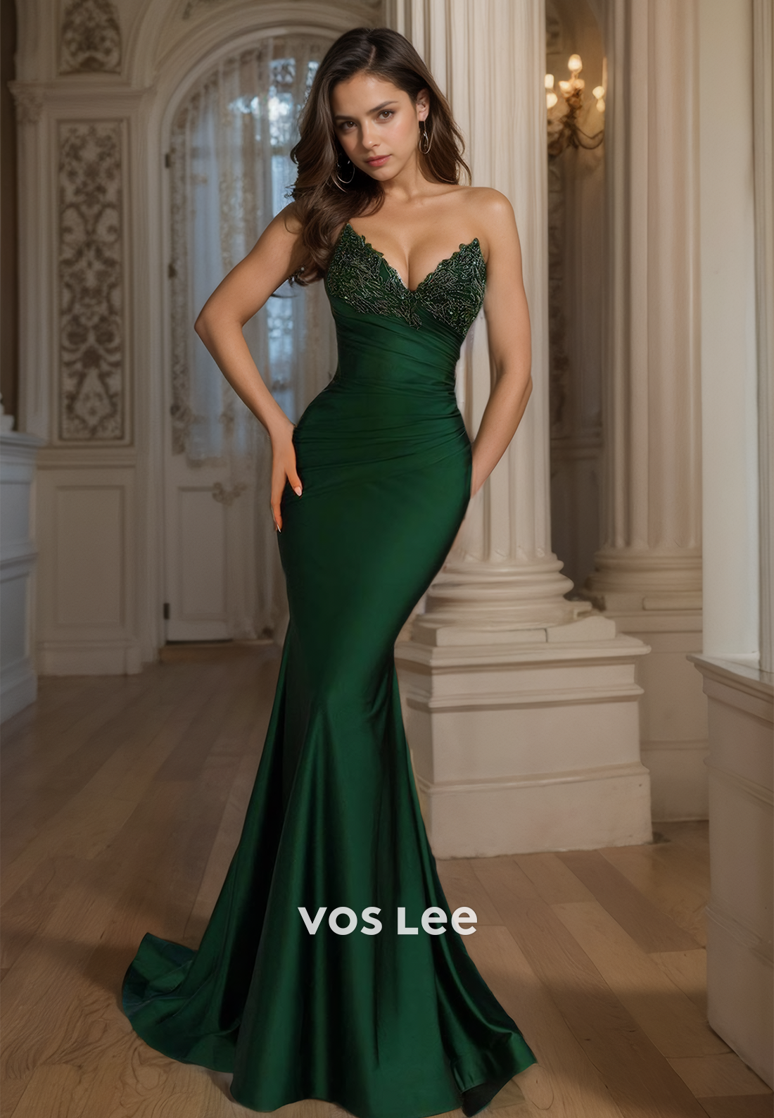 Sexy Mermaid Appliqued Satin Prom Gown Floor Length Strapless Quinceanera Dress