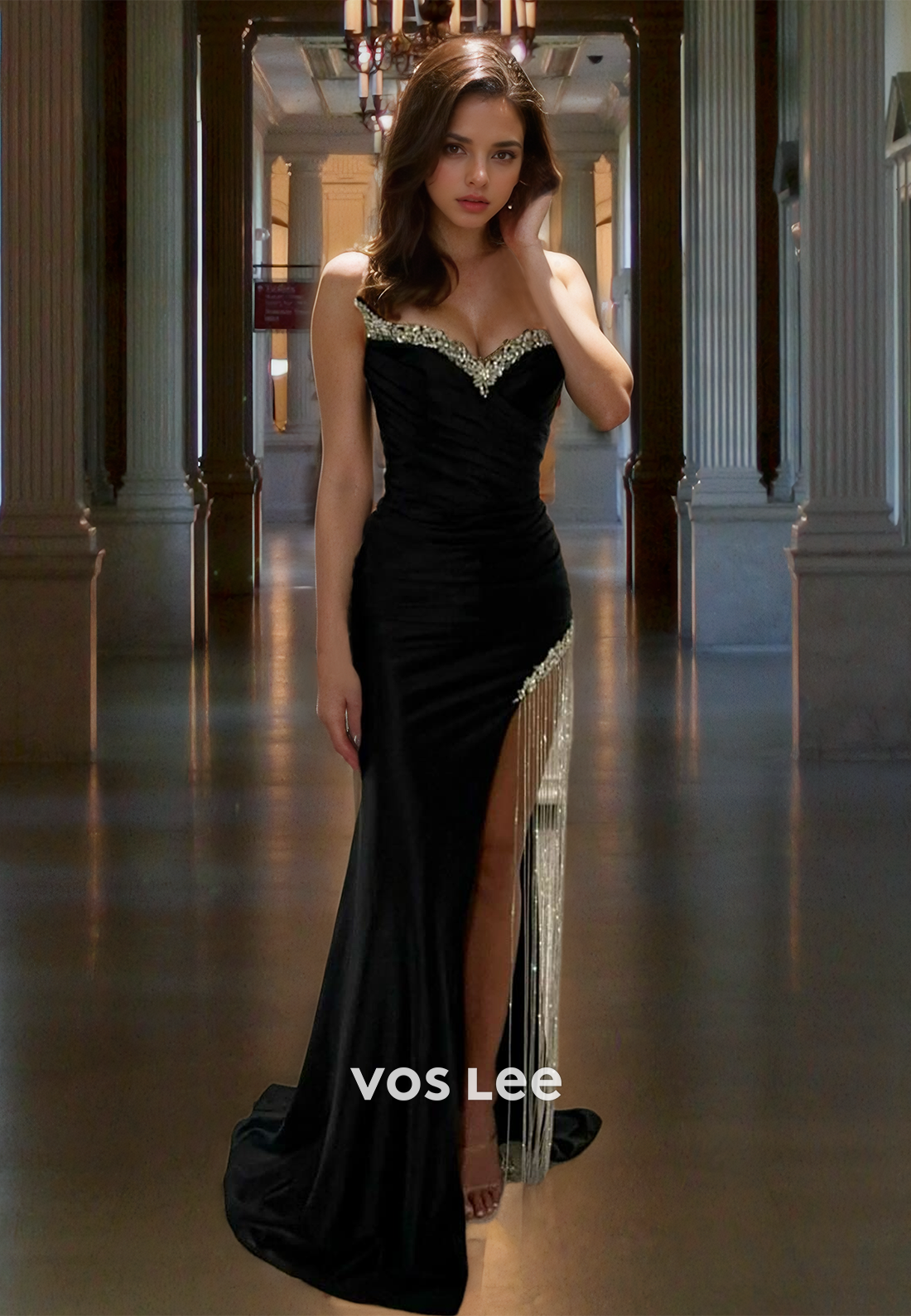black prom dress 2024 Tassel Sweetheart Graceful Black Prom Dress Strapless Velour Floor Len – VOS LEE