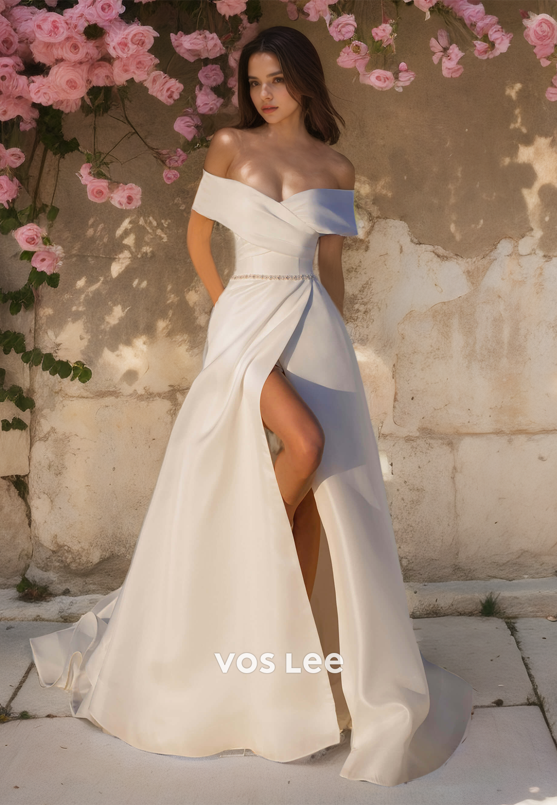 Charming A-Line Front Split Simple Wedding Dress Off-Shoulder Long Train Bridesmaid Dress