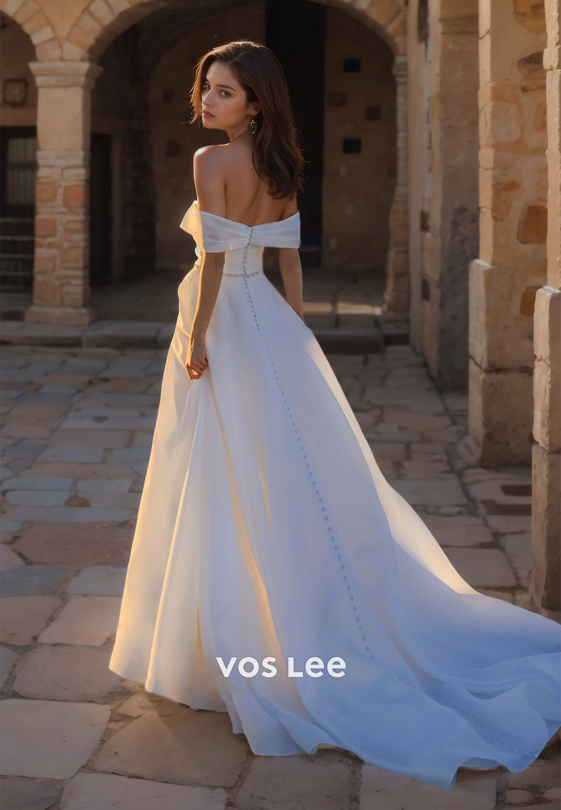 Charming A-Line Front Split Simple Wedding Dress Off-Shoulder Long Train Bridesmaid Dress