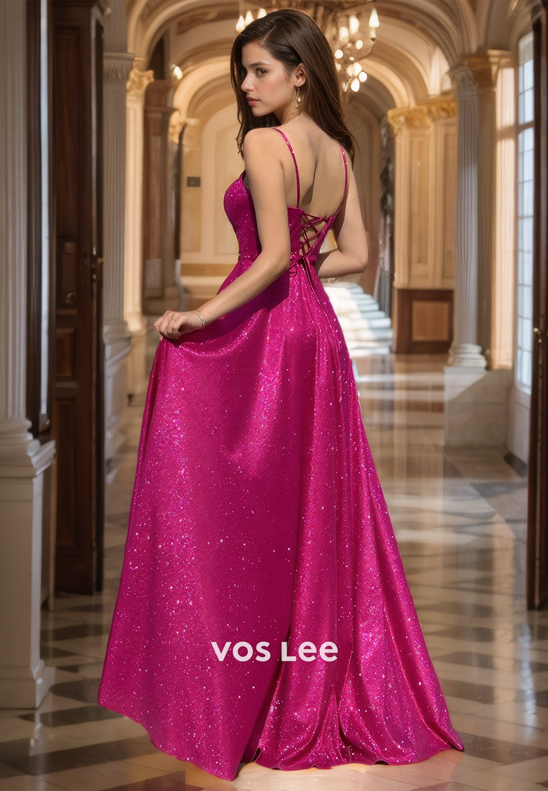 Sexy A-Line Spaghetti Straps V Neck Glitter Ruched Prom Formal Dress with Split