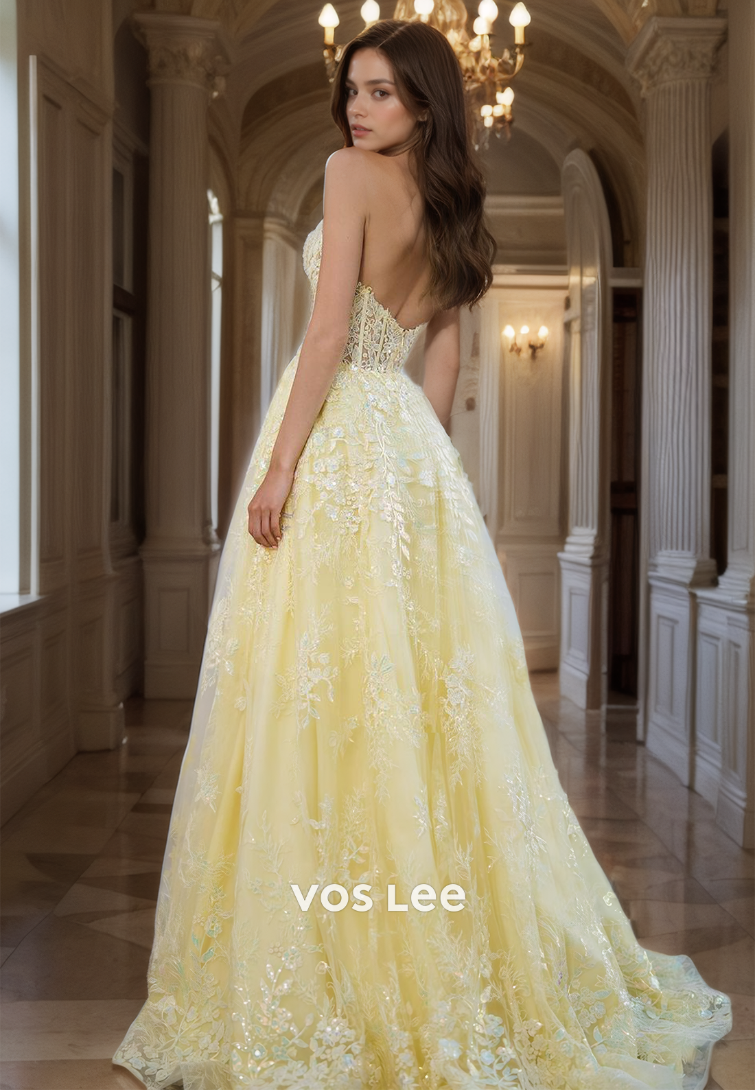 Elegant Sweetheart Lace Floor Length Prom Dress Strapless A-Line Formal Cocktail Dress with High Split