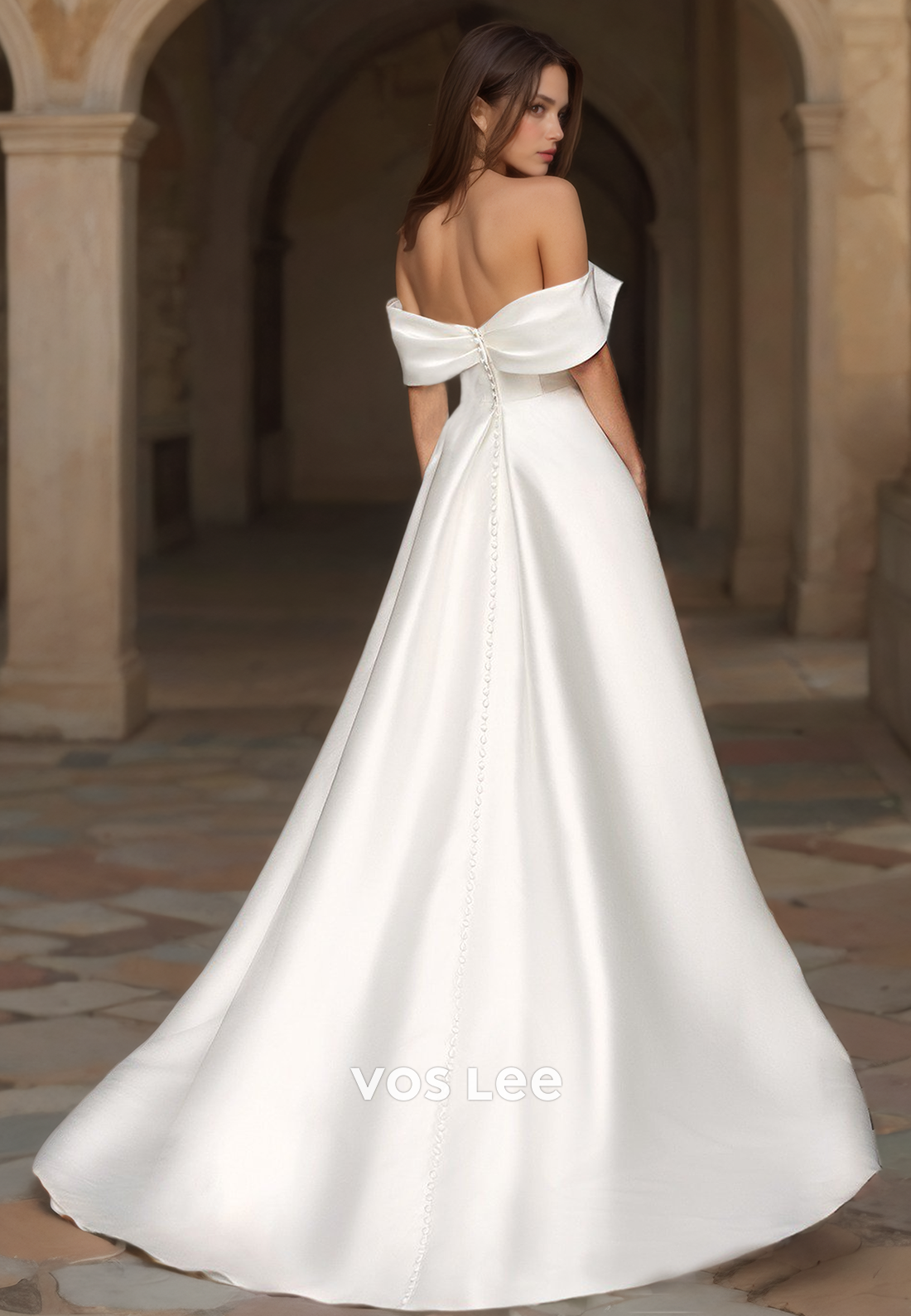 A-Line Sweetheart Off-Shoulder Satin Wedding Dress Sweep Train Buttons Elegant Bridesmaid Gown