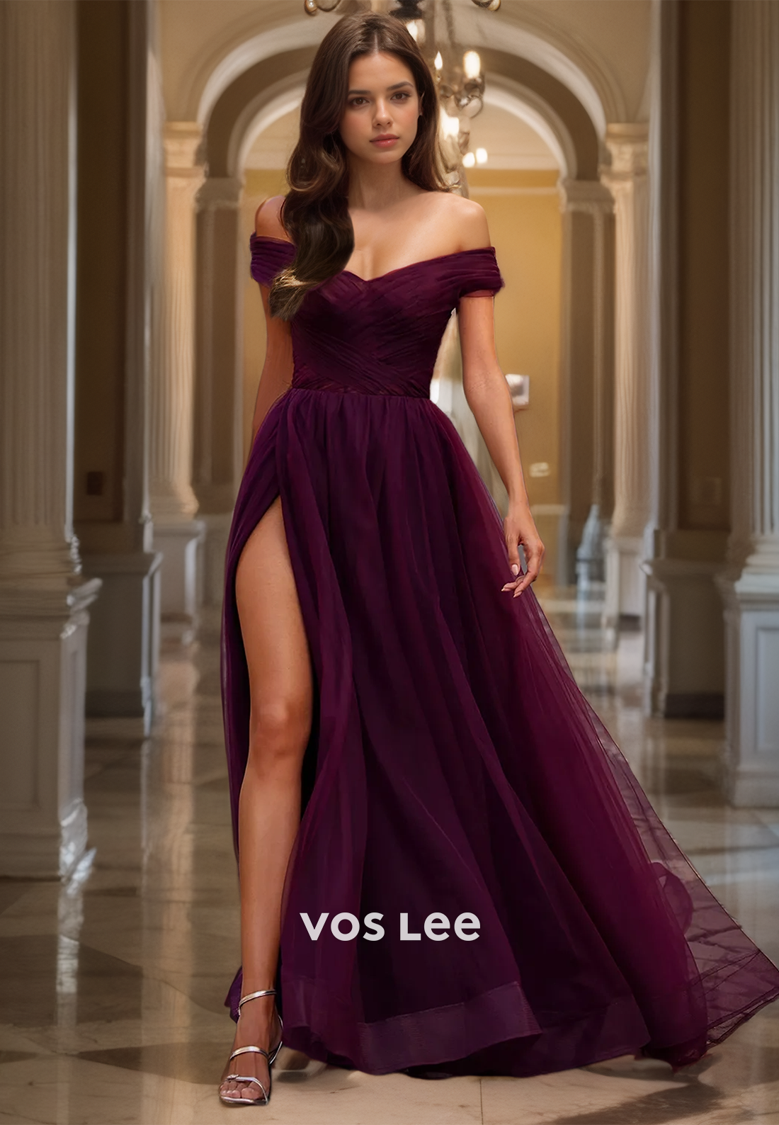 Elegant Tulle Raspberry V Neck Quinceanera Dress Off-Shoulder A-Line Prom Dress Zipper Back