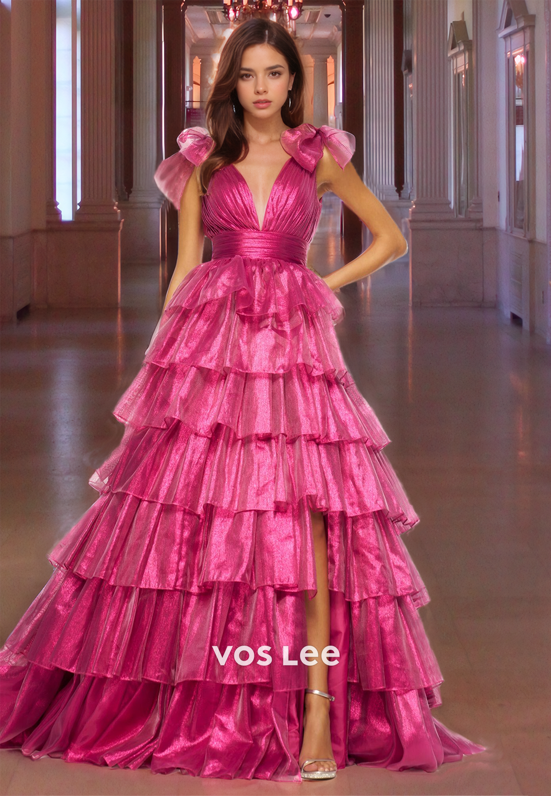 A-Line Elegant V Neck Formal Party Dresses Tiered Floor Length Backless Prom Gown with Side Slit