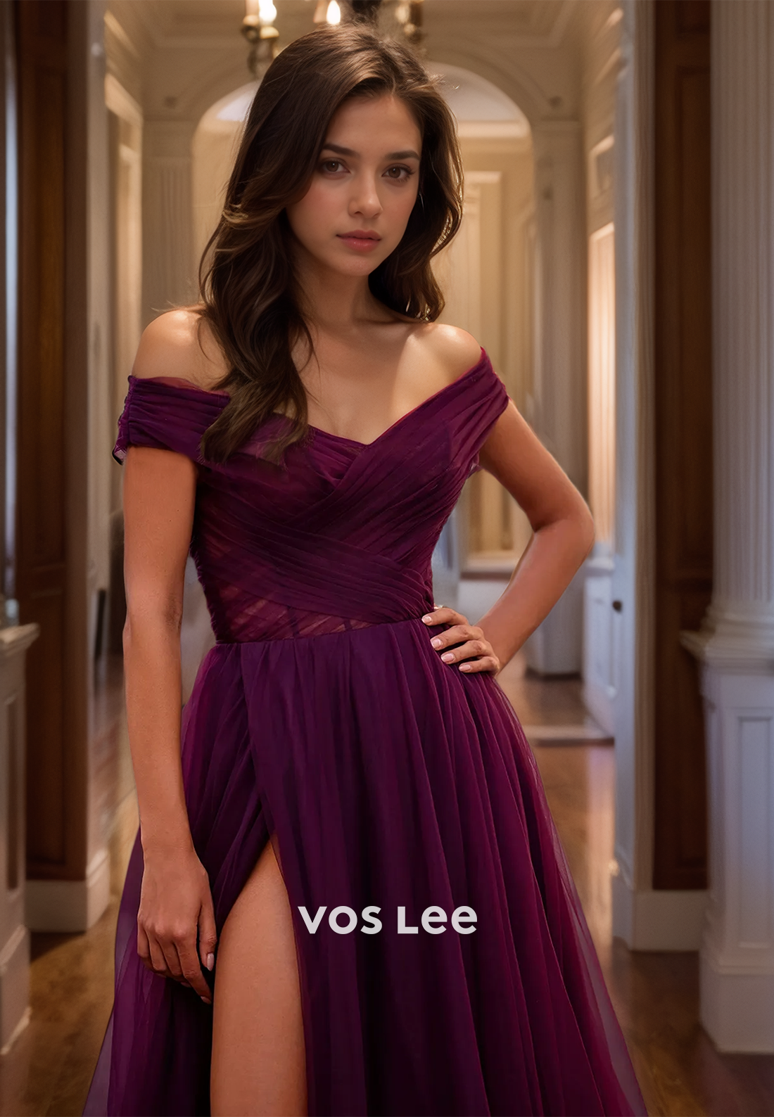 Elegant Tulle Raspberry V Neck Quinceanera Dress Off-Shoulder A-Line Prom Dress Zipper Back