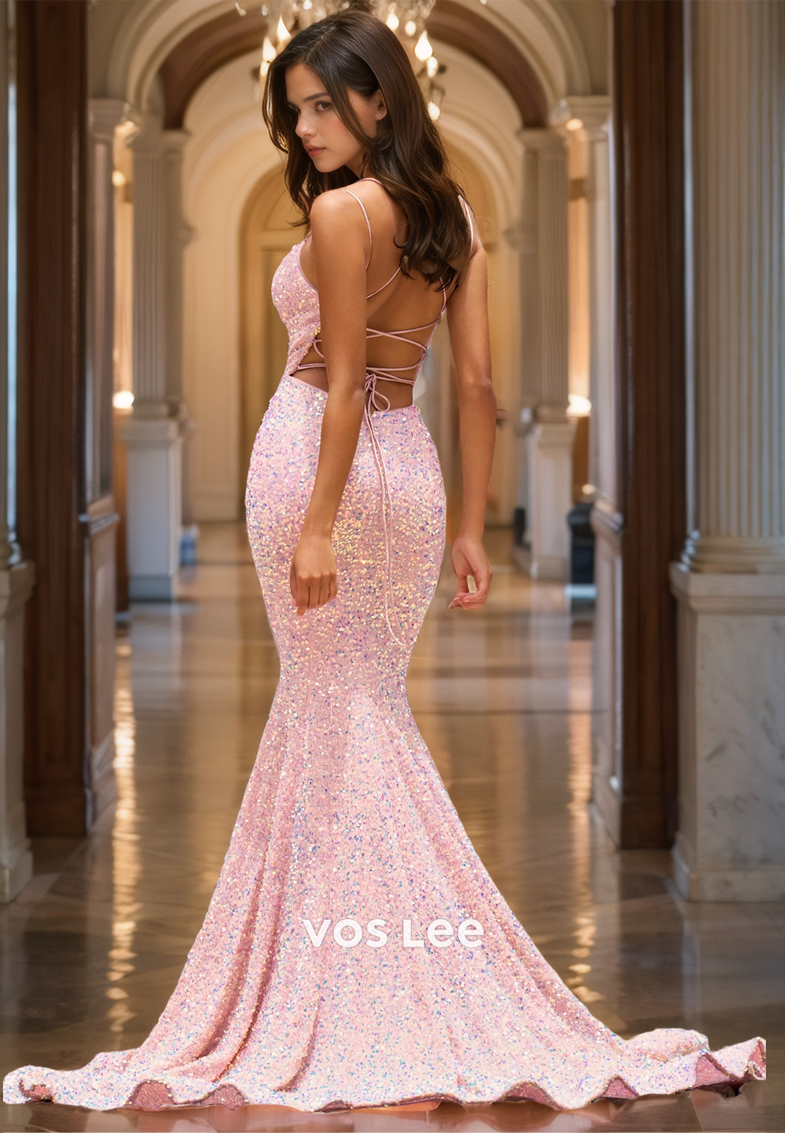 Sparkly V Neck Lace Up Sequined Prom Dress Floor Length Mermaid Quinceanera Dresses