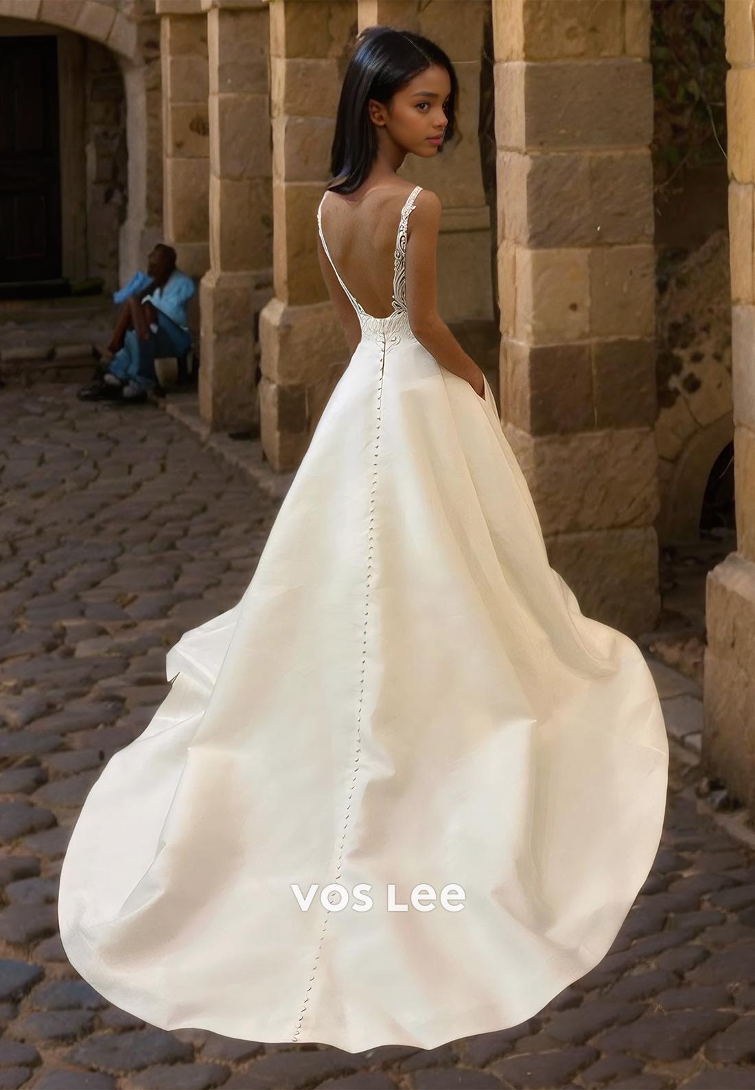 A-Line V Neck Satin Luxury Wedding Dress Backless Spaghetti Straps Draped Bridal Gown Floor Length