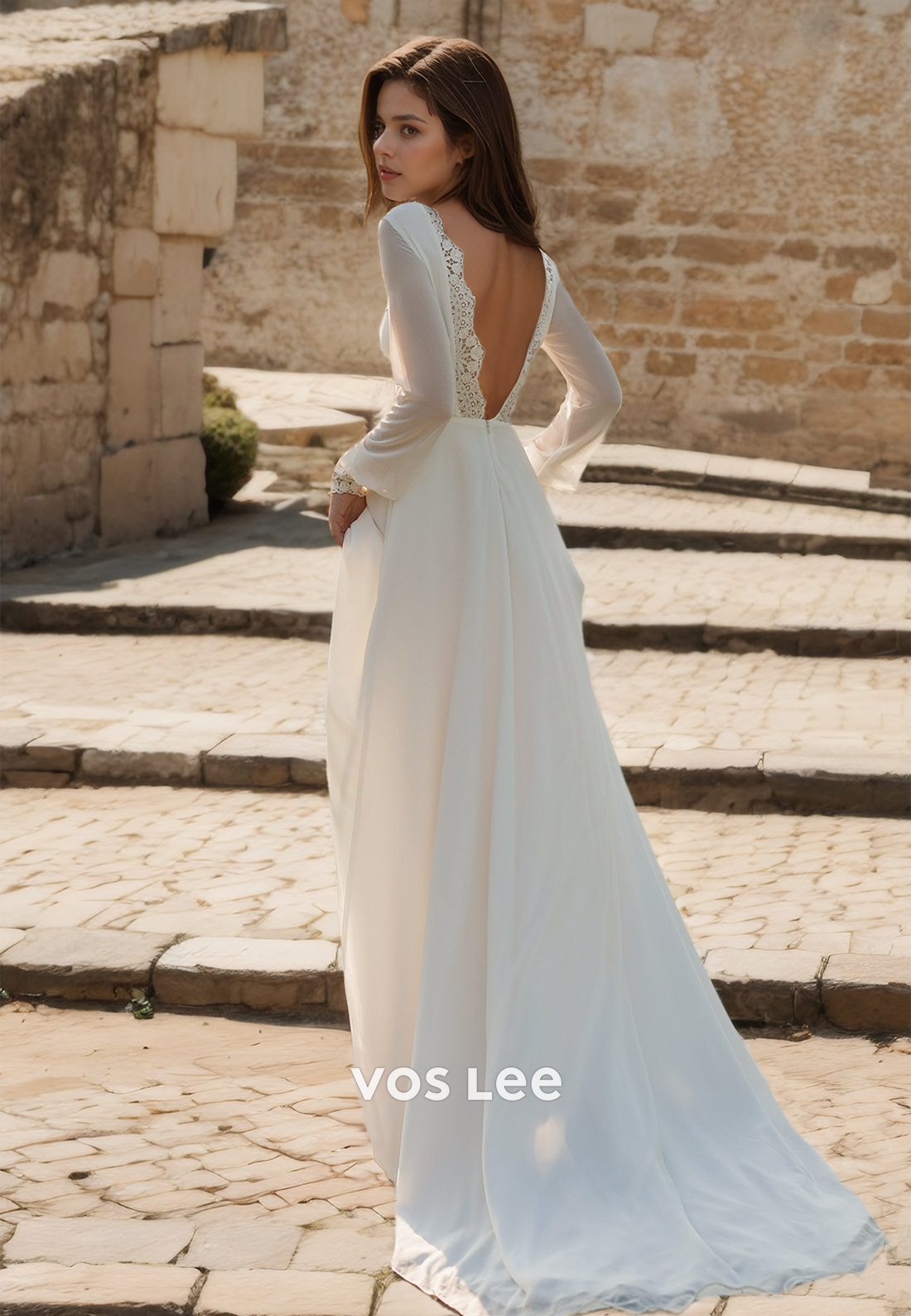 Graceful A-Line Chiffon Scoop Wedding Dress Full Sleeves Backless Draped Bridal Gown