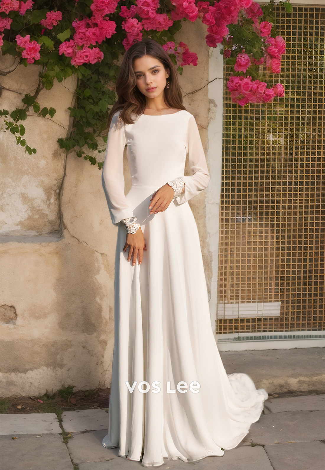 Graceful A-Line Chiffon Scoop Wedding Dress Full Sleeves Backless Draped Bridal Gown