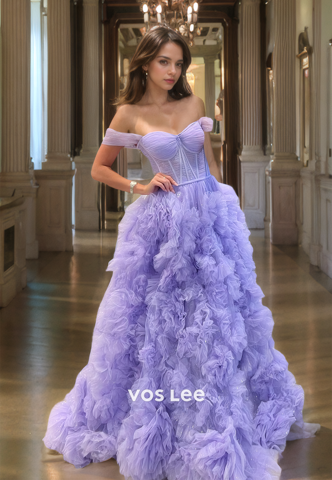 Gorgeous A-Line Ruffled Tulle Prom Gown Off-Shoulder Sweetheart Floor Length Quinceanera Dress