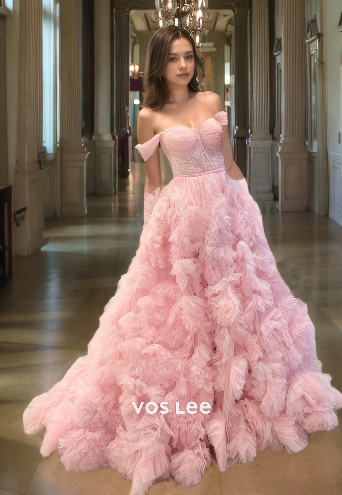 Gorgeous A-Line Ruffled Tulle Prom Gown Off-Shoulder Sweetheart Floor Length Quinceanera Dress