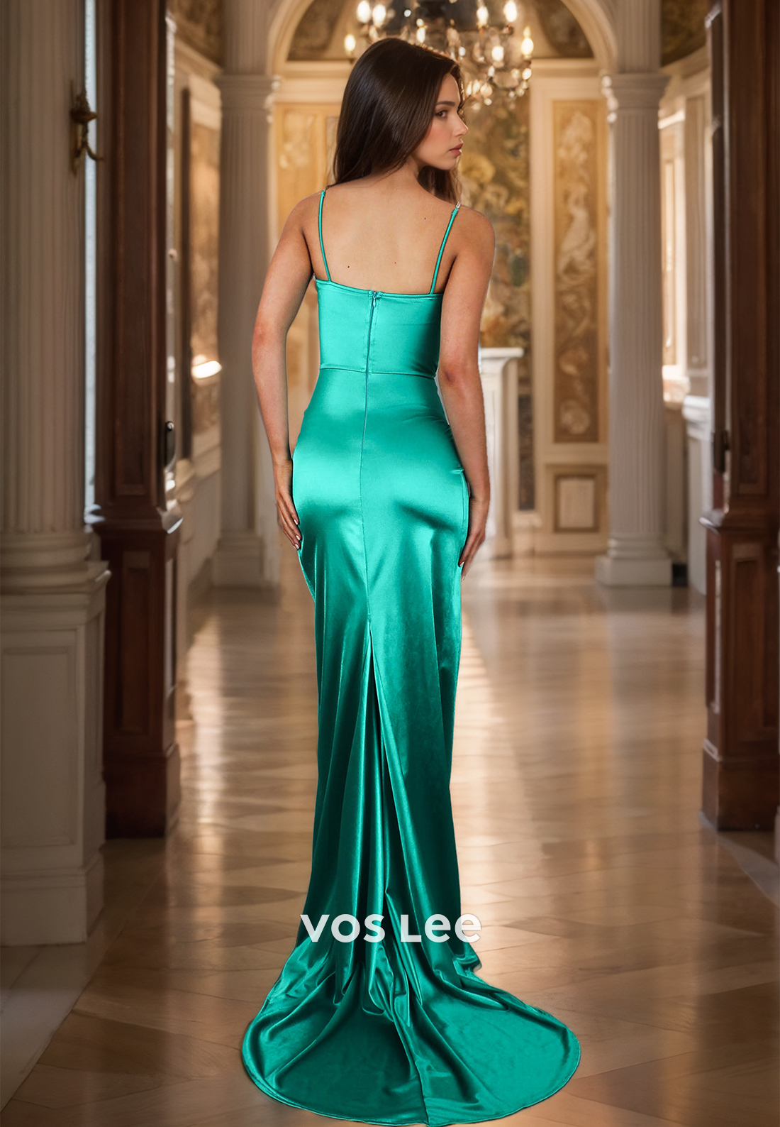 Elegant Sweetheart Spaghetti Straps Satin Prom Formal Dress with Split