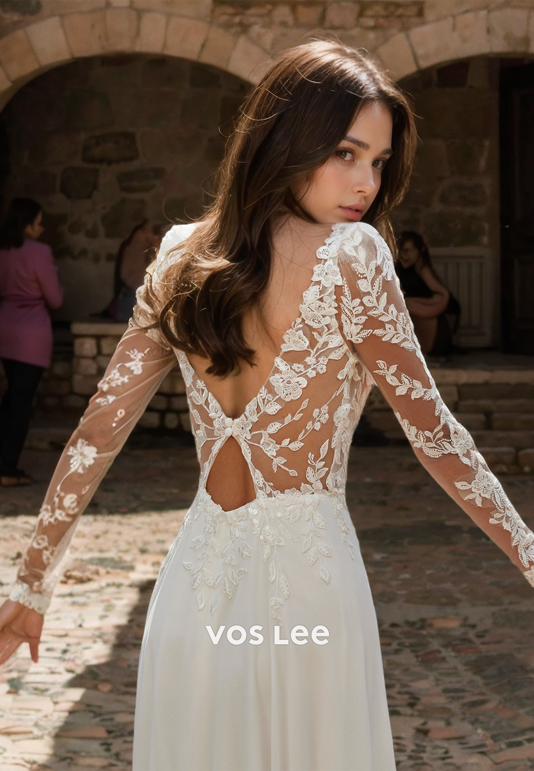 A-Line V Neck Lace Full Sleeves Wedding Dress Long Train Chiffon Luxurious Boho Wedding Dress