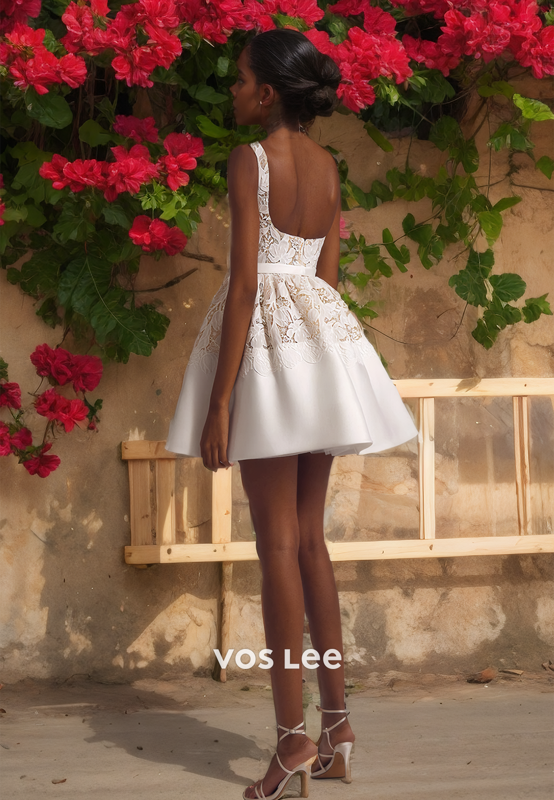 A-Line Square Zipper Back Short Wedding Dress Draped Spaghetti Straps Lace Pretty Bride Dress