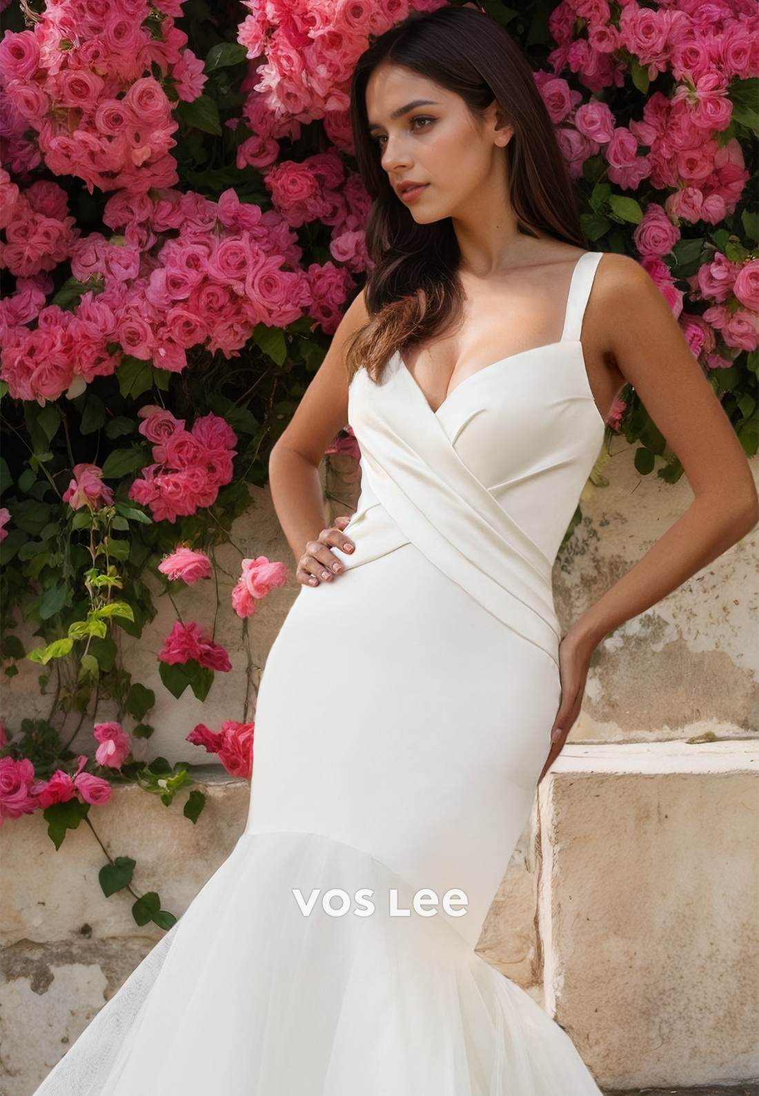 Gorgeous Sheath Spaghetti Straps Backless Mermaid Tulle V Neck Court Train Satin Wedding Gown