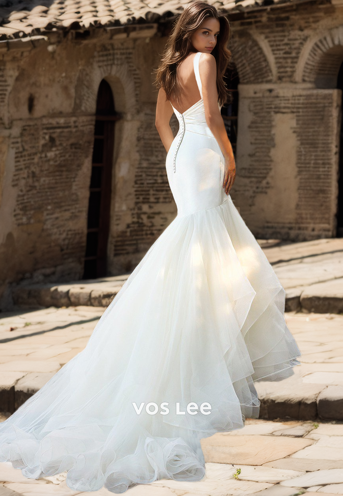 Gorgeous Sheath Spaghetti Straps Backless Mermaid Tulle V Neck Court Train Satin Wedding Gown