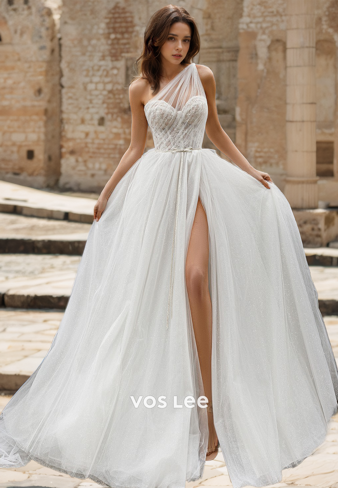 Charming One Shoulder A-Line Sleeveless High Split Tulle Court Train Sequins Wedding Gown