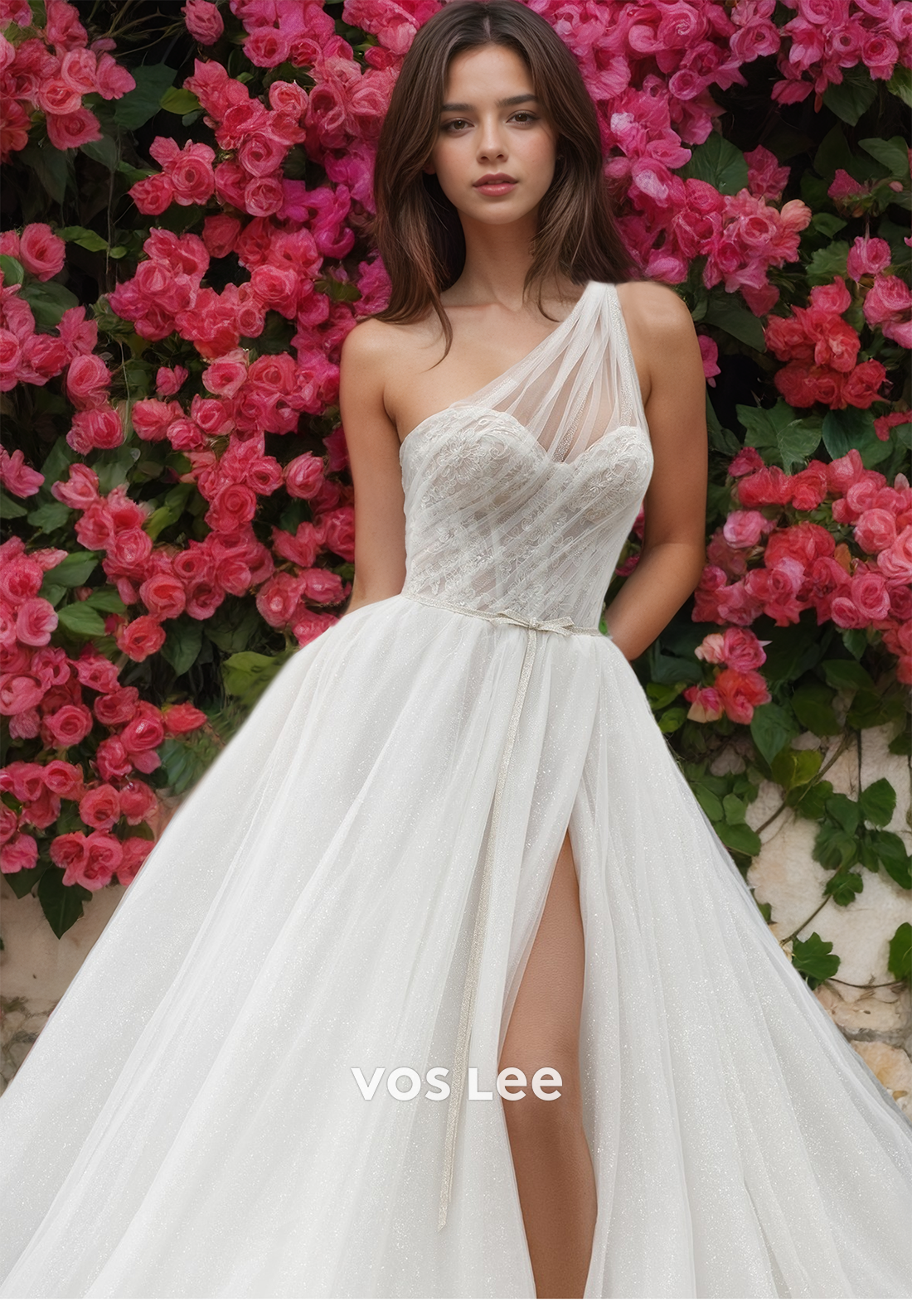 Charming One Shoulder A-Line Sleeveless High Split Tulle Court Train Sequins Wedding Gown