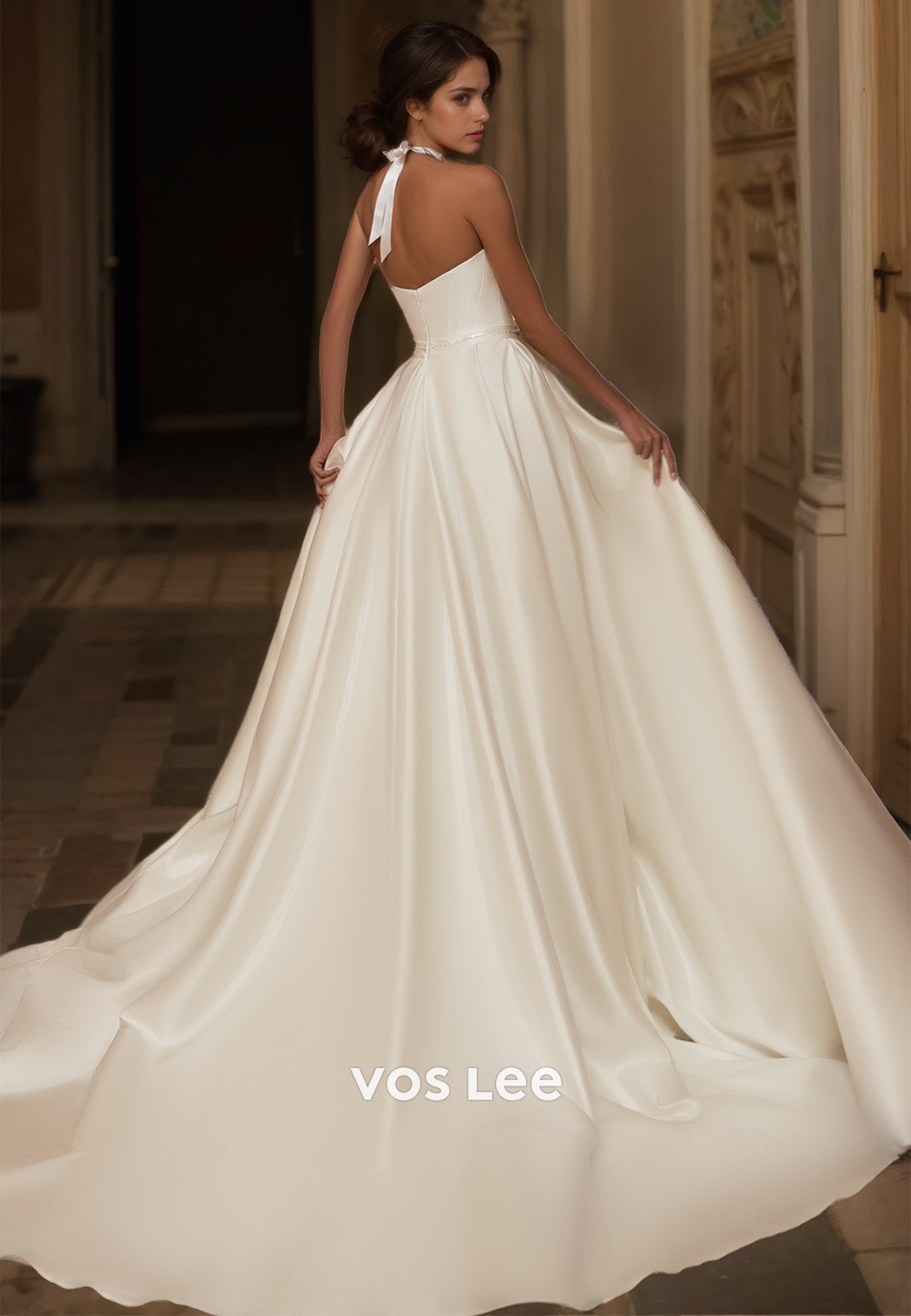 Elegant V Neck A-Line Sleeveless Court Train Side Split Bow Back Zipper Satin Wedding Gown