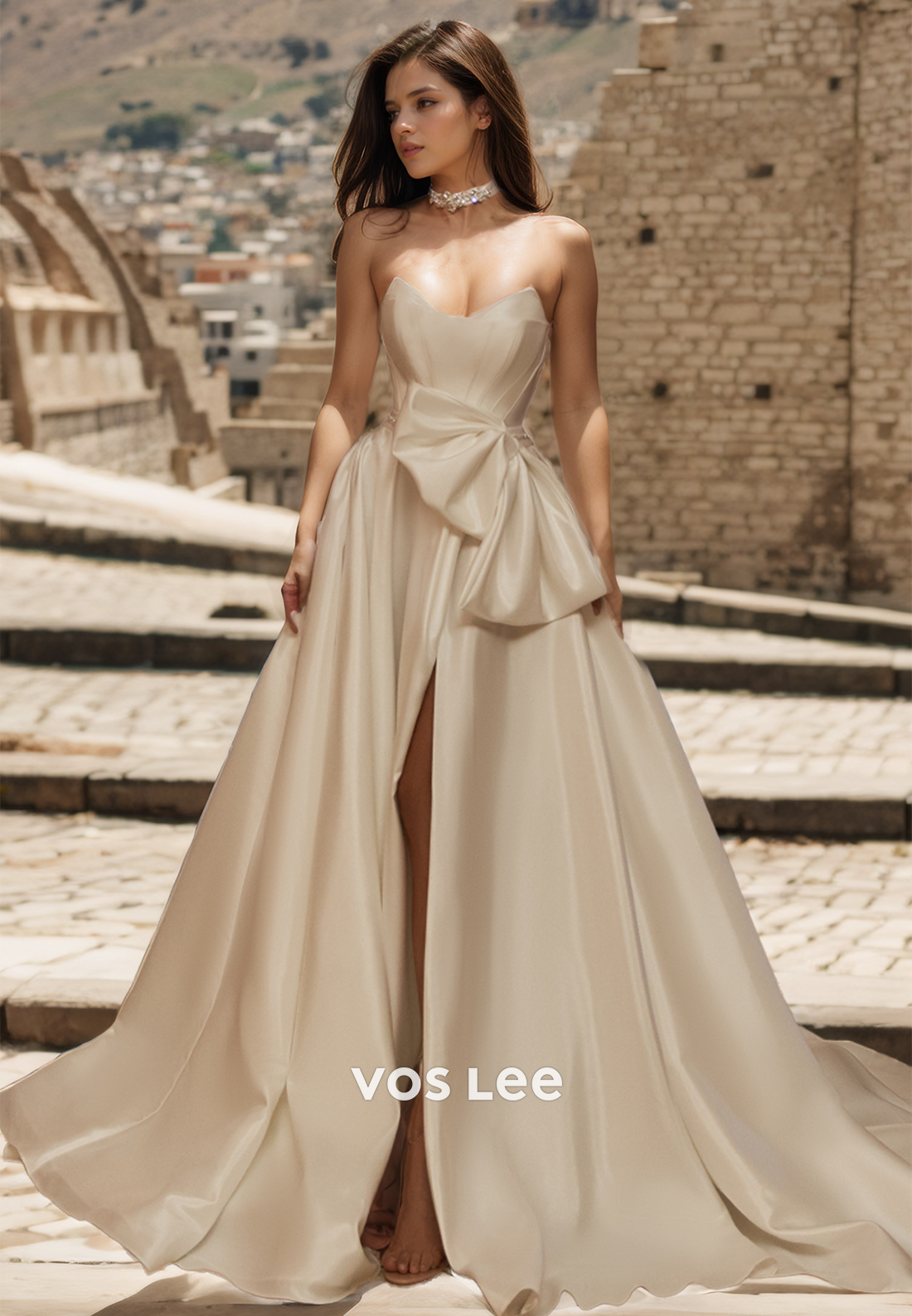 Elegant V Neck A-Line Sleeveless Court Train Side Split Bow Back Zipper Satin Wedding Gown