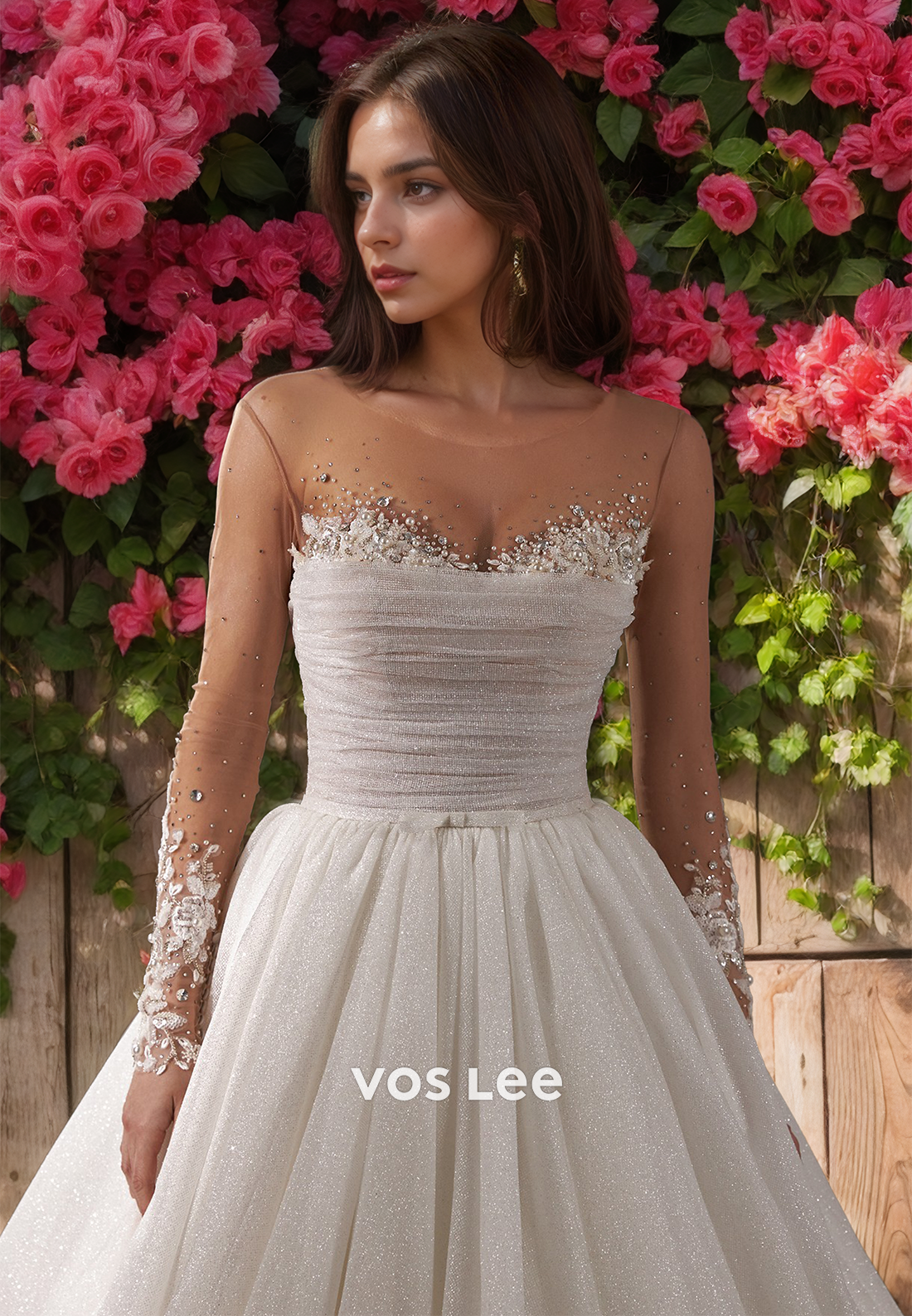 Graceful A-Line V Neck Long Sleeves Illusion Beaded Lace Appliques Pleated Sequins Tulle Wedding Dress
