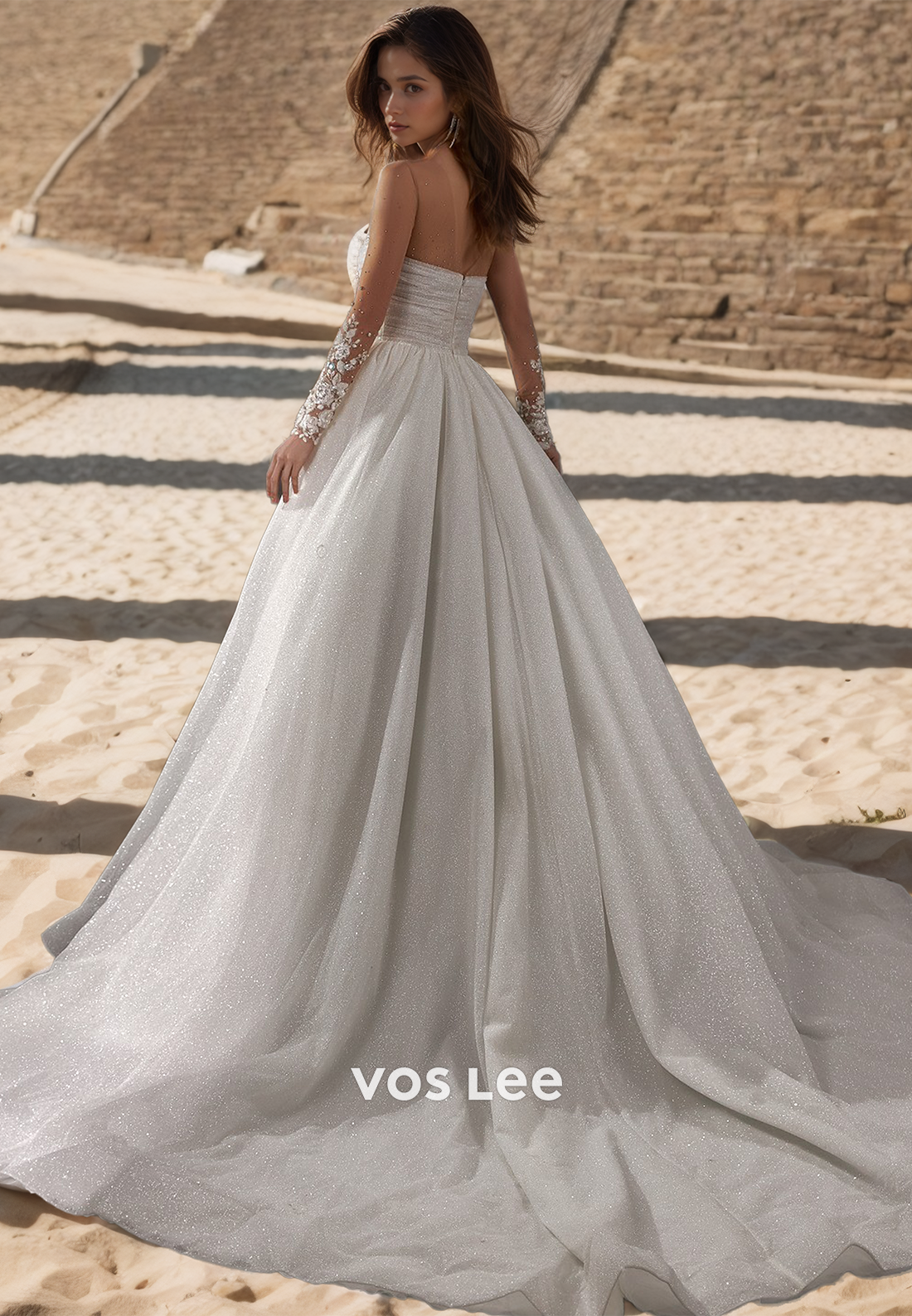 Graceful A-Line V Neck Long Sleeves Illusion Beaded Lace Appliques Pleated Sequins Tulle Wedding Dress