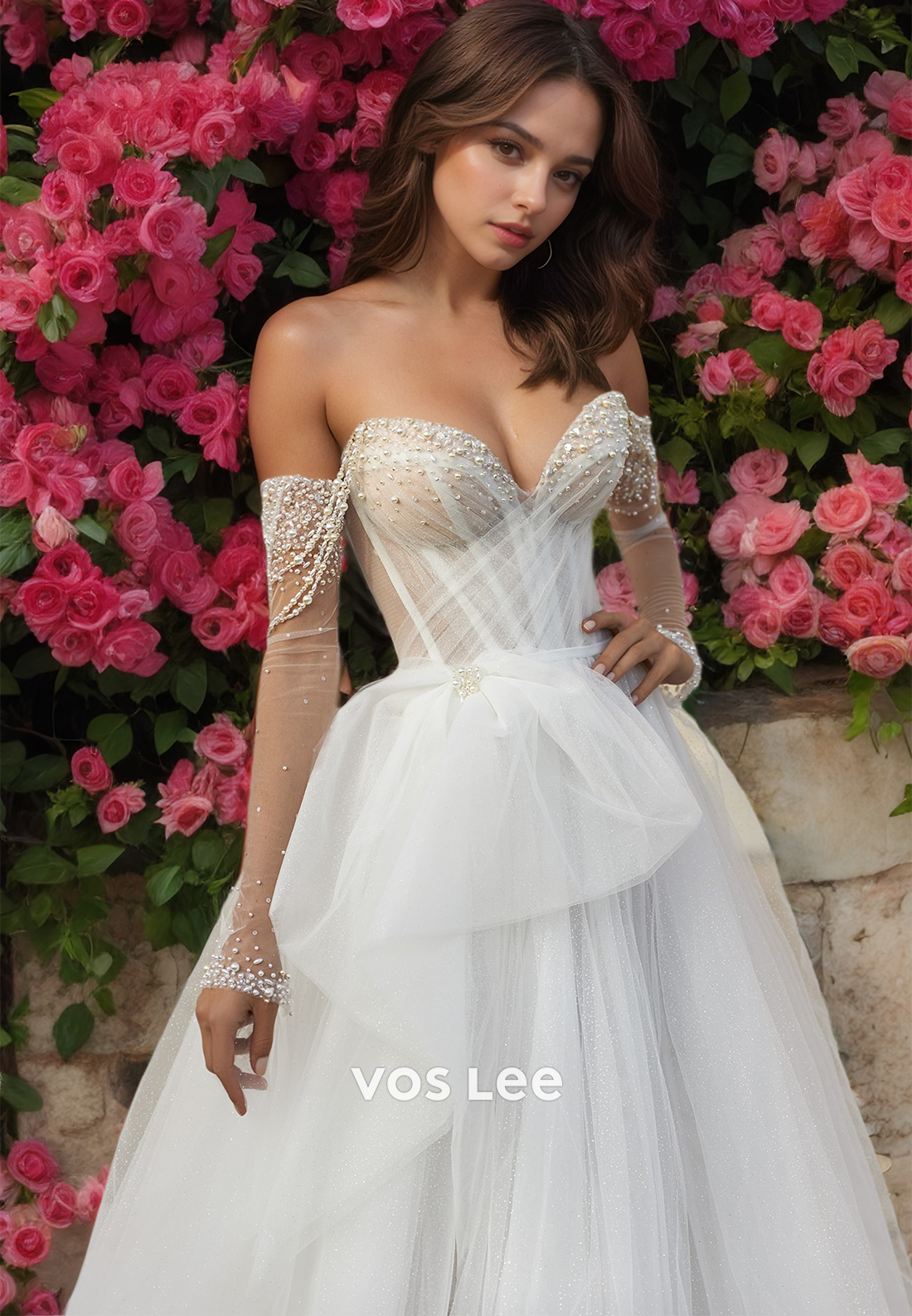 Luxury A-Line Off Shoulder Long Sleeves Backless Bow Pleated Beaded Tulle Wedding Gown