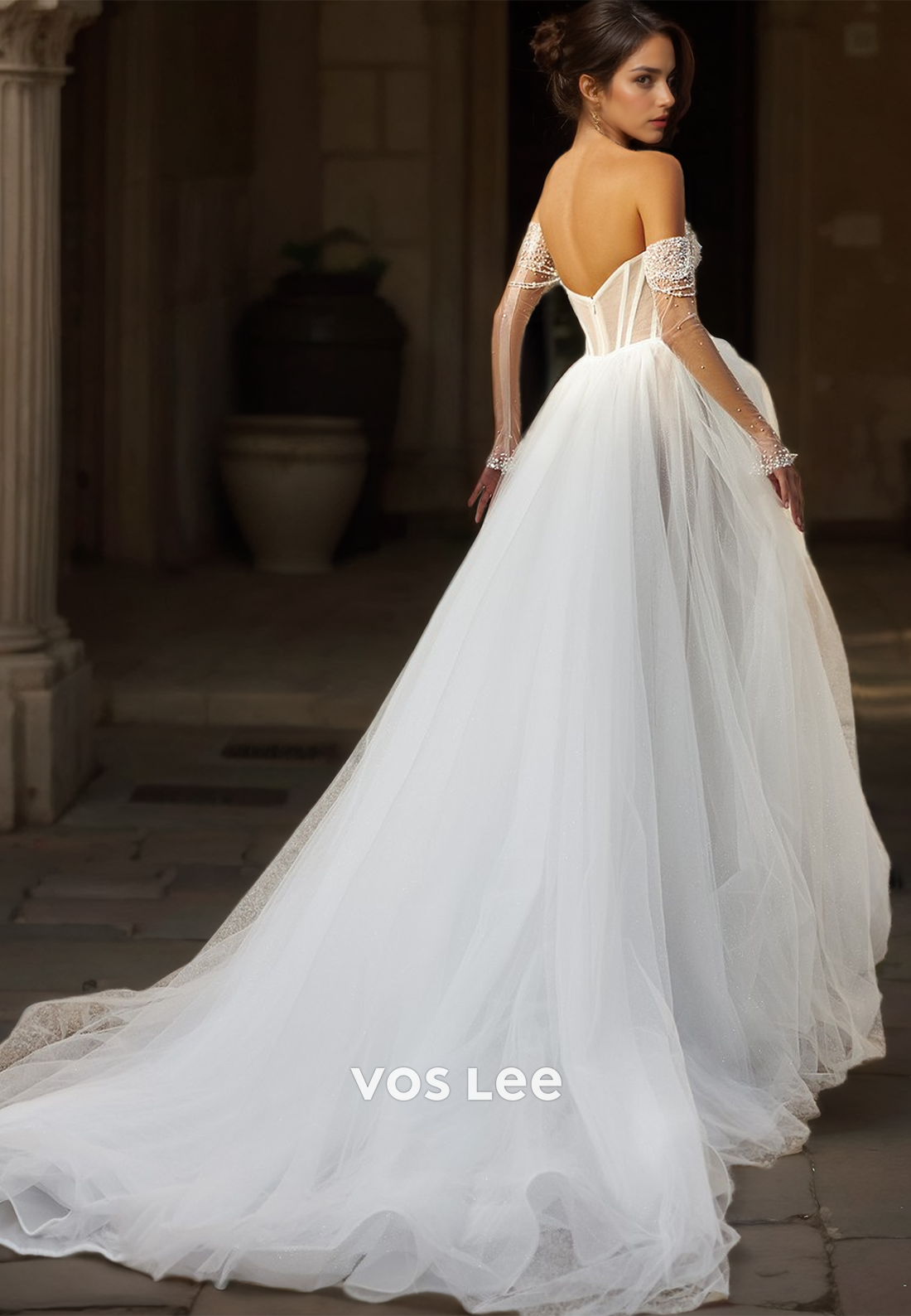 Luxury A-Line Off Shoulder Long Sleeves Backless Bow Pleated Beaded Tulle Wedding Gown