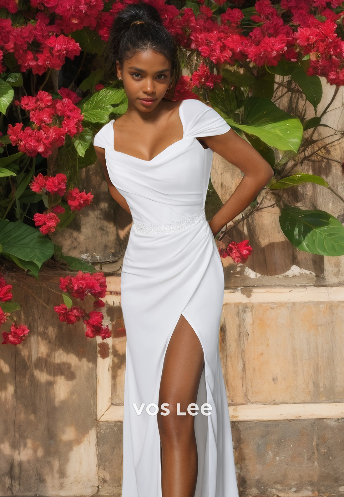 Unique Column Cap Sleeves Draped Side Split Backless V Neck Satin Sweep Train Wedding Dress