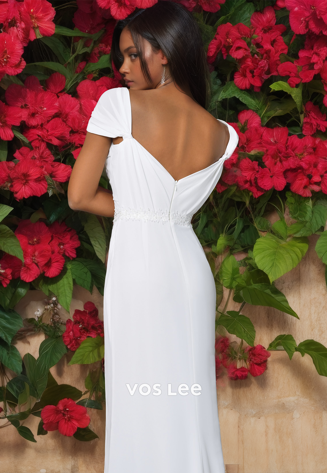 Unique Column Cap Sleeves Draped Side Split Backless V Neck Satin Sweep Train Wedding Dress
