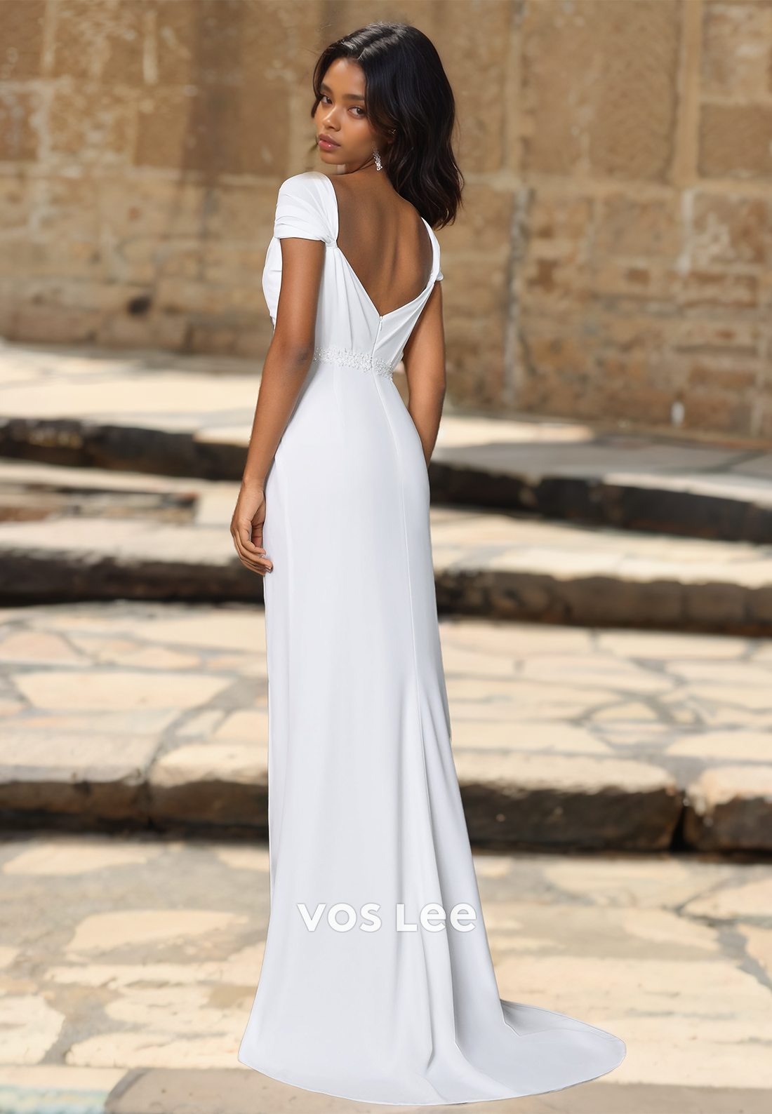 Unique Column Cap Sleeves Draped Side Split Backless V Neck Satin Sweep Train Wedding Dress