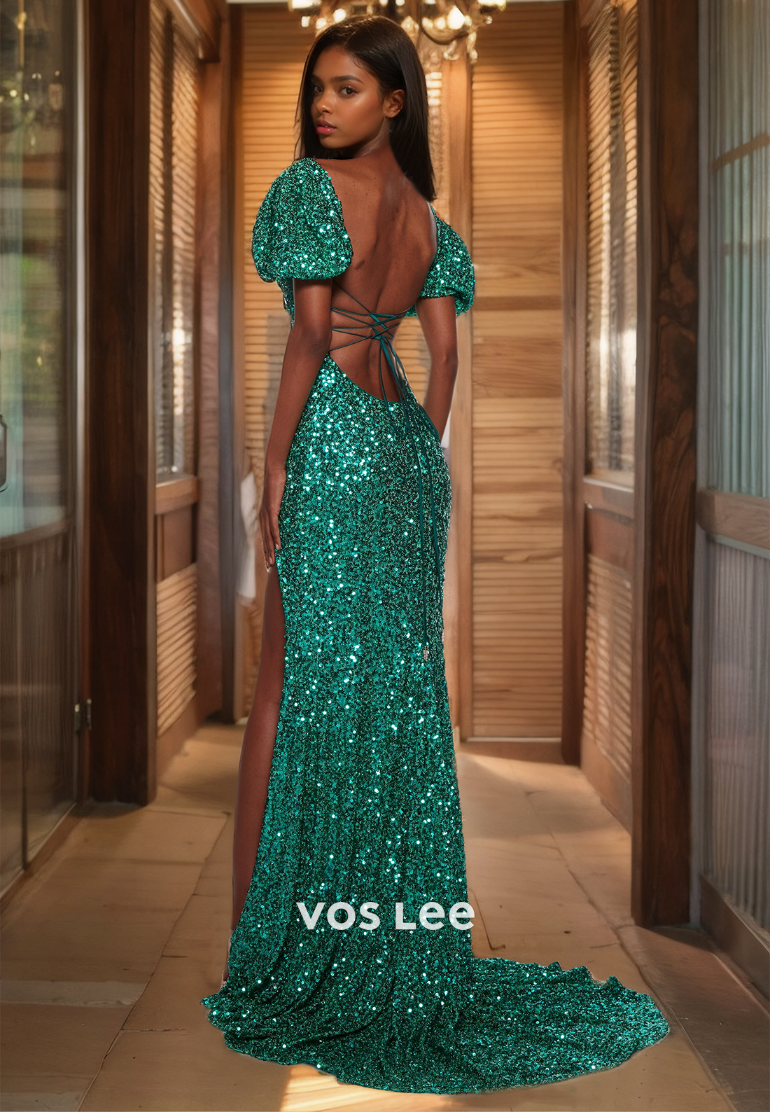 Sparkly Short Sleeves Green Cocktail Dress Lace Up Floor Length Sequins Prom Dresses with High Slit