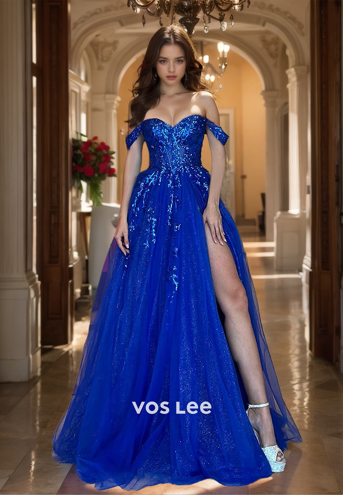 Fancy Sweetheart Royal Blue A-Line Prom Gown Tulle Off-Shoulder Floor Length Party Dress