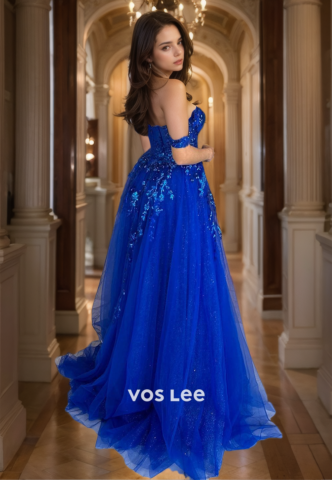 Fancy Sweetheart Royal Blue A-Line Prom Gown Tulle Off-Shoulder Floor Length Party Dress